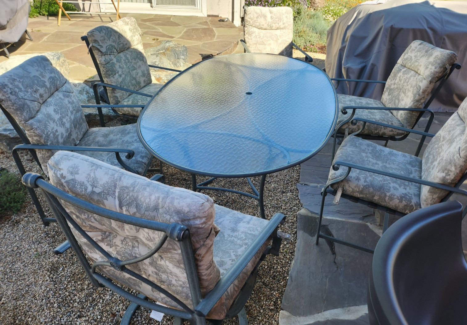 Vintage Brown Jordan Patio Set with Table, 6 chairs (2 swivel), glass tabletop