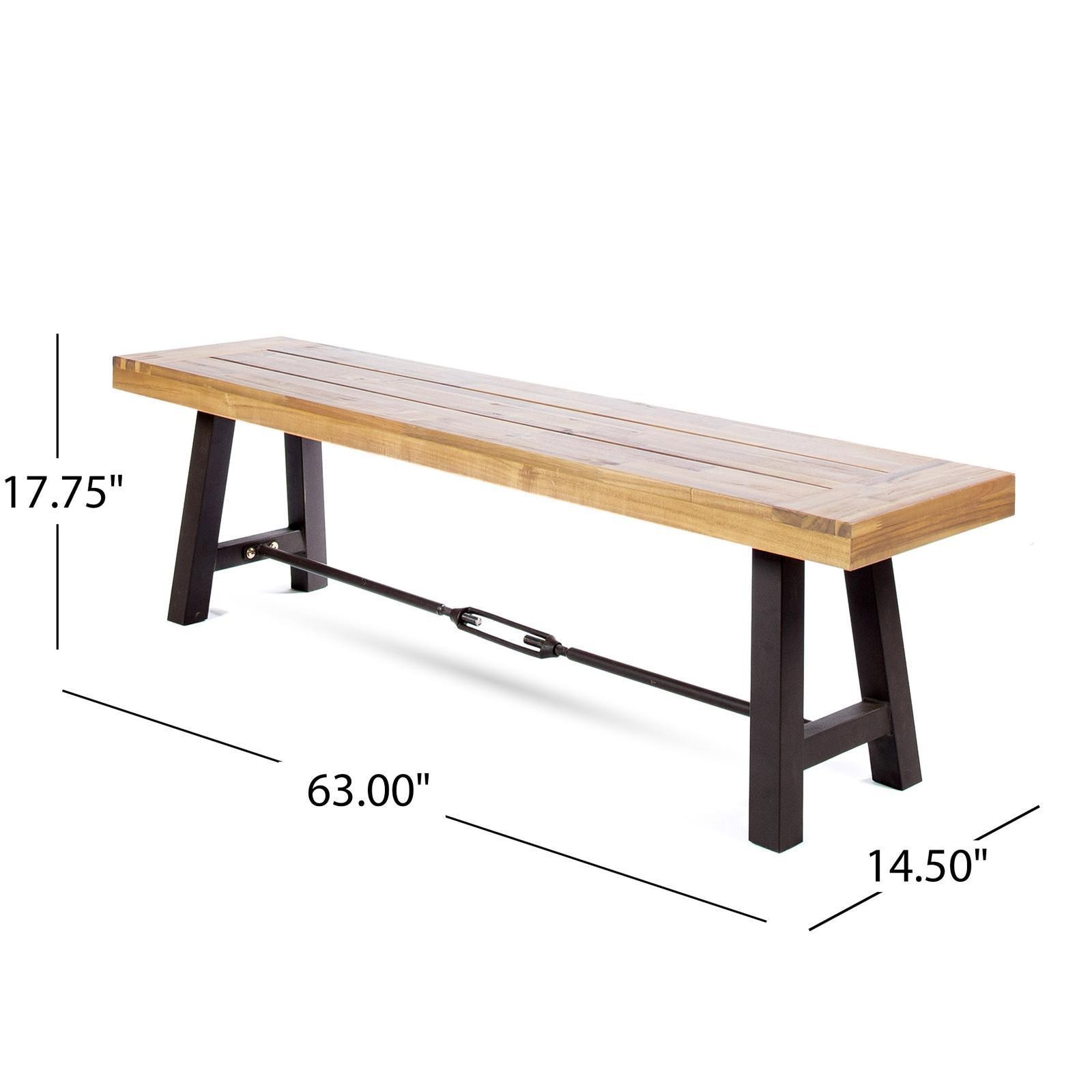 Contemporary Patio Dining Bench, Acacia Hardwood Top & Powder-Coated Iron Frame,