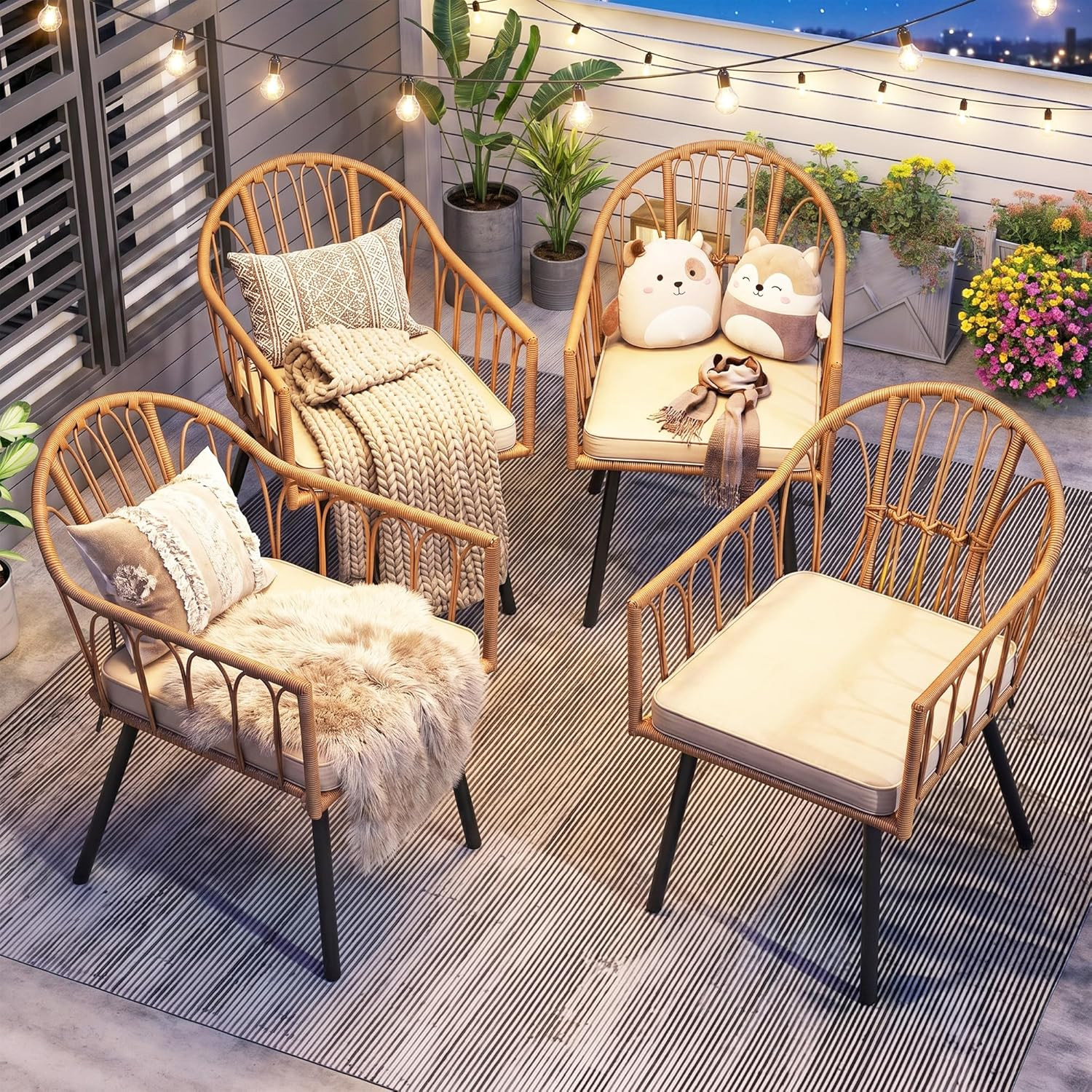 4 Pieces Rattan Wicker Dinning Chairs, Outdoor Indoor Patio Furniture Set with C