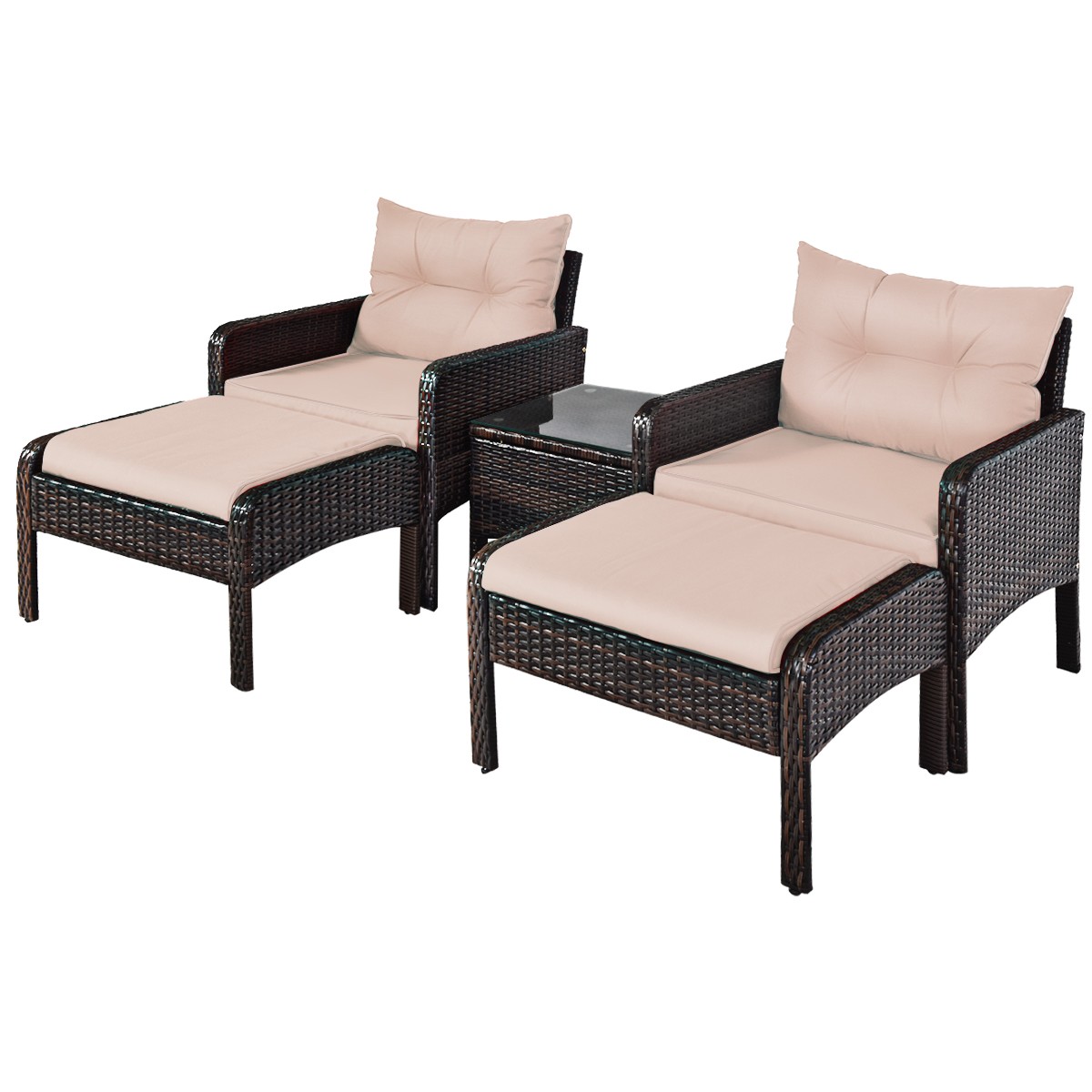 5 PCS Patio Rattan Wicker Furniture Set Tea Table Cushioned Sofa Ottoman Outdoor