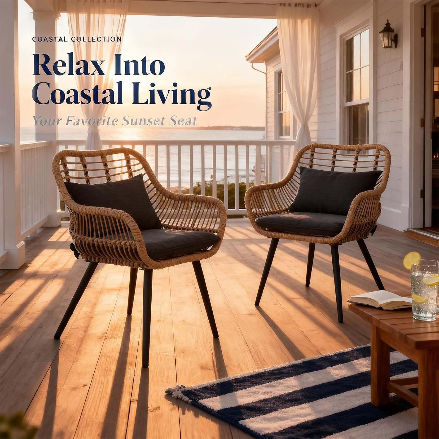 JOIVI Outdoor Patio Wicker Chairs Set of 2, Rattan Dining Chairs with Cushion an