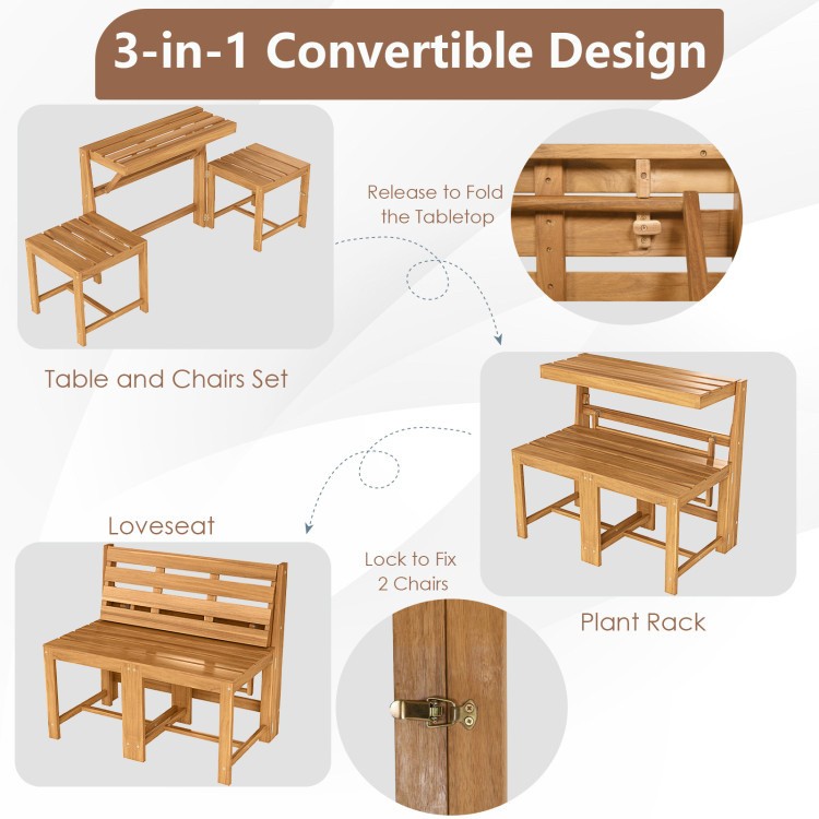 3-in-1 Outdoor Acacia Wood Bench 400lb Load Capacity Slatted Seat Natural