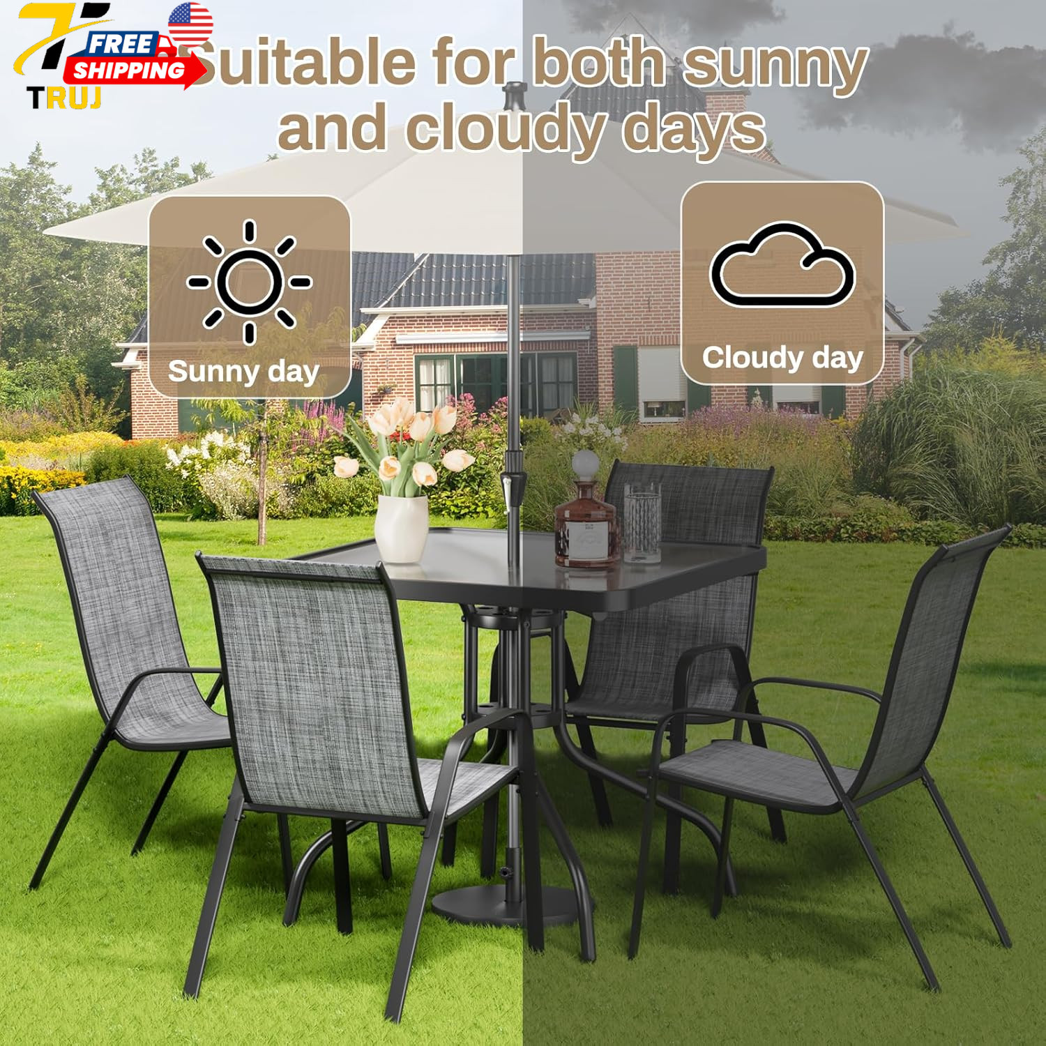 Patio Dining Set 5 Pieces Metal Table and Chairs for Lawn (Umbrella not Included