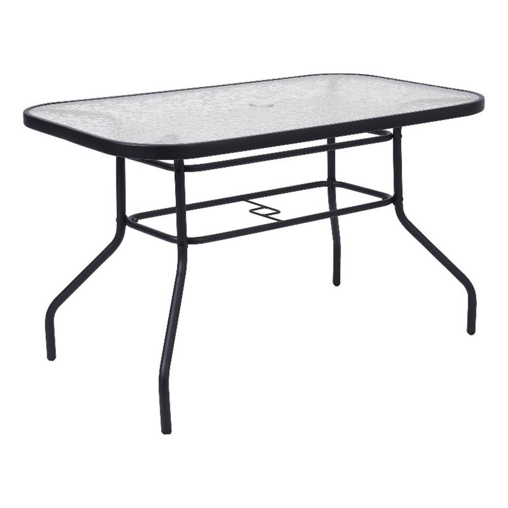 Commercial 47.25×27.5 Tempered Glass and Steel Patio Table – Umbrella Hole-Black