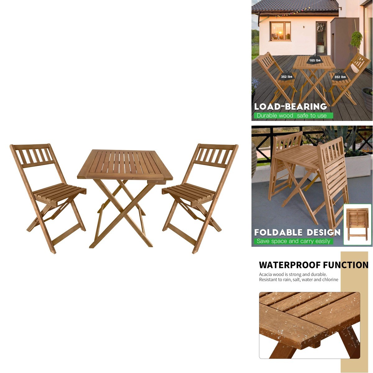 Fdw 3-Piece Acacia Wood Folding Patio Bistro Set Outdoor Bistro Set Table And