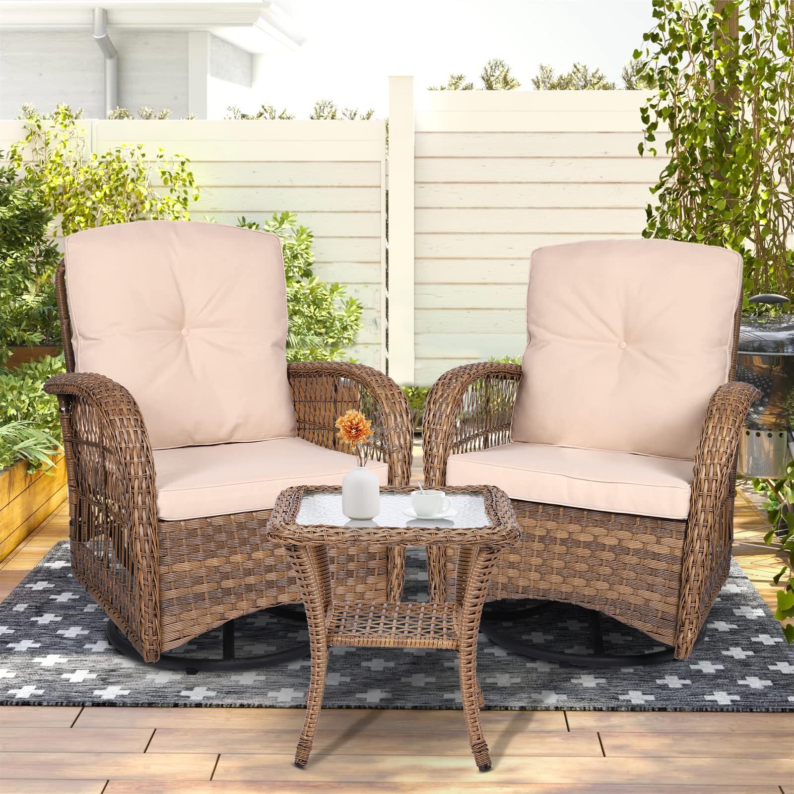 3 PCs Patio Wicker Conversation Bistro Set Rattan Gliding Rocking Swivel Chairs