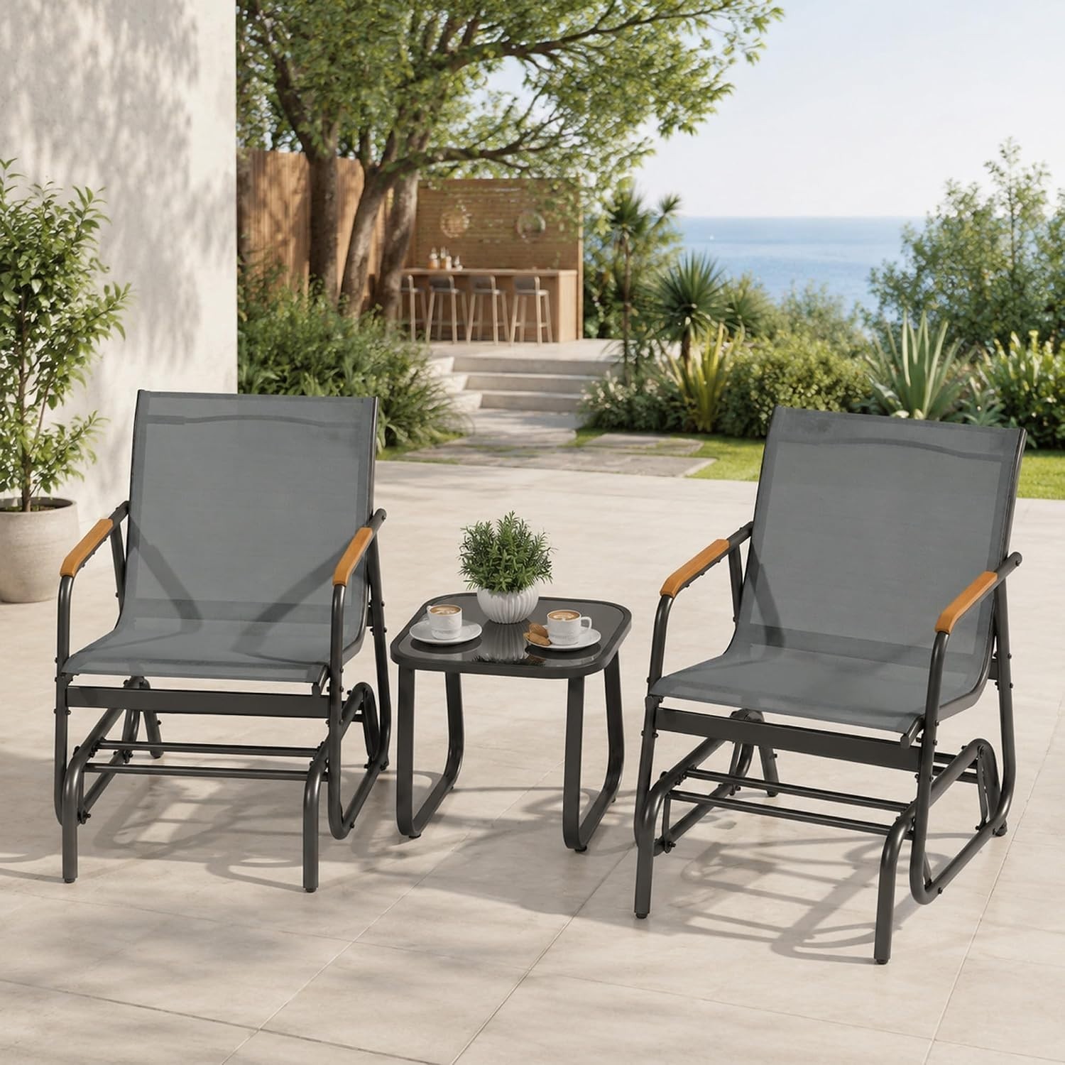 Durable Textilene Patio Glider Set with Tempered Glass Table – Easy Assembly