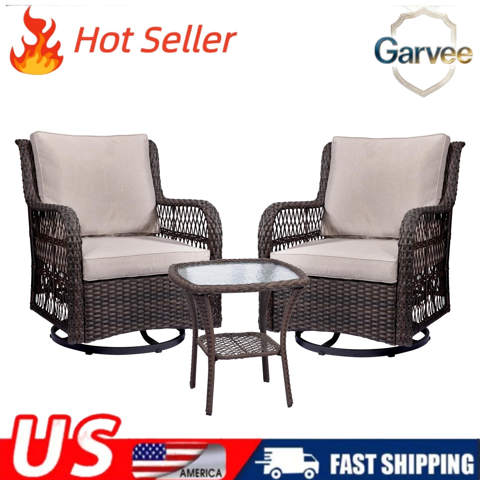 Tempered Glass Table Wicker Rotating Rocking Chair Set for Courtyard