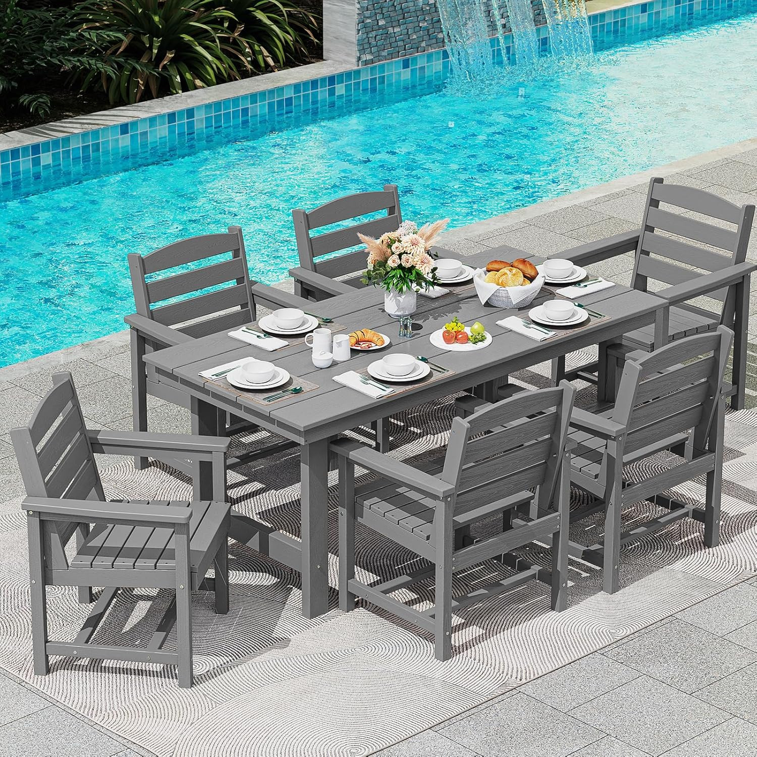 SERWALL Outdoor HDPE Dining Table Set, 7-Piece Outdoor Dining Table Sets with Um