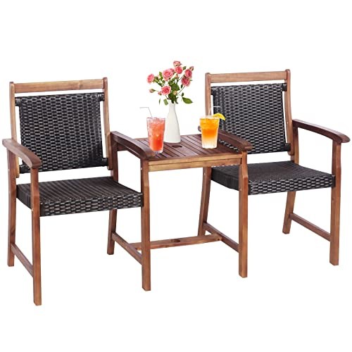 Acacia Wood Garden Bench, Patiojoy Rattan Companion Loveseat Chair with Brown