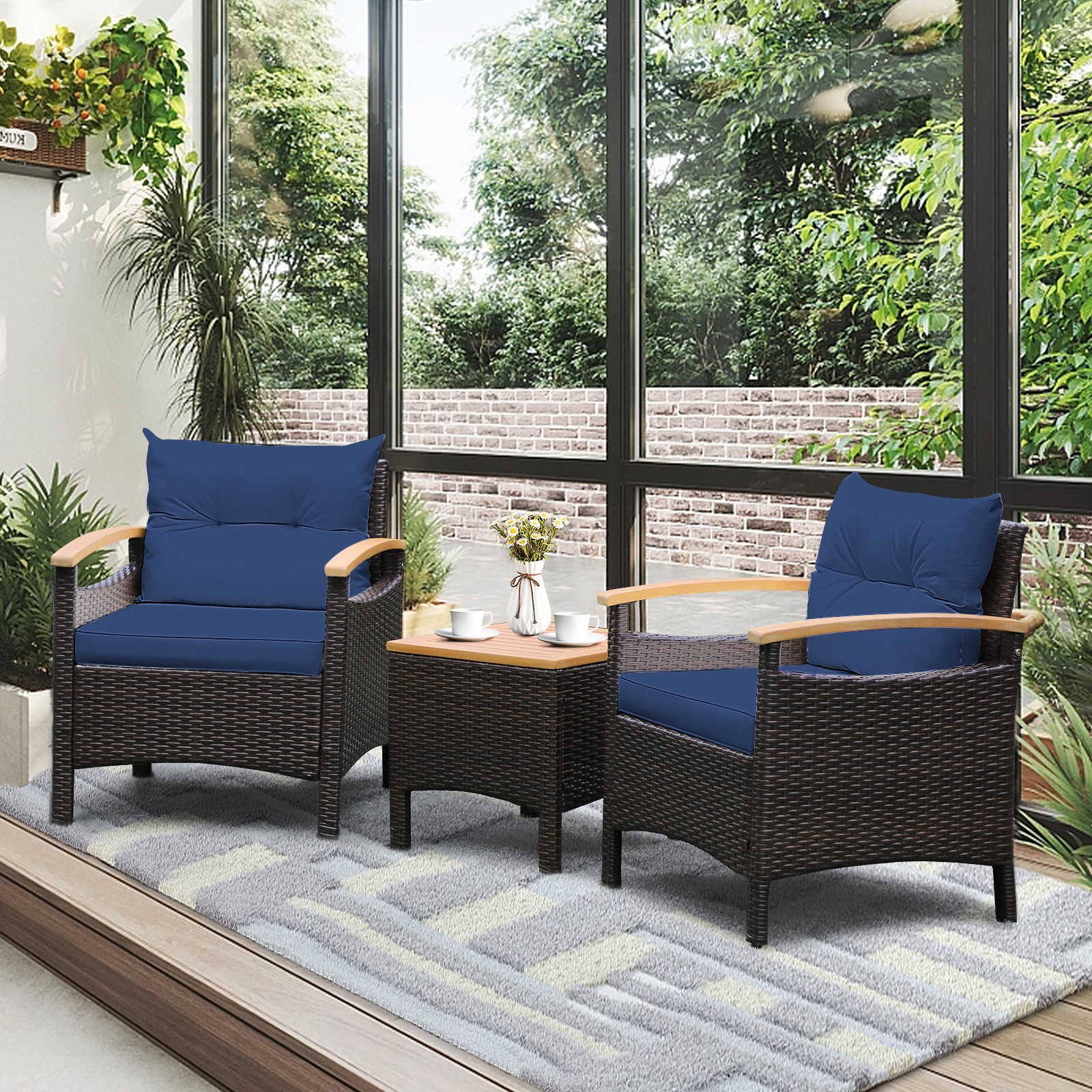 3 PCS Patio Rattan Furniture Set Wooden Armrest Table Top Cushioned Deck