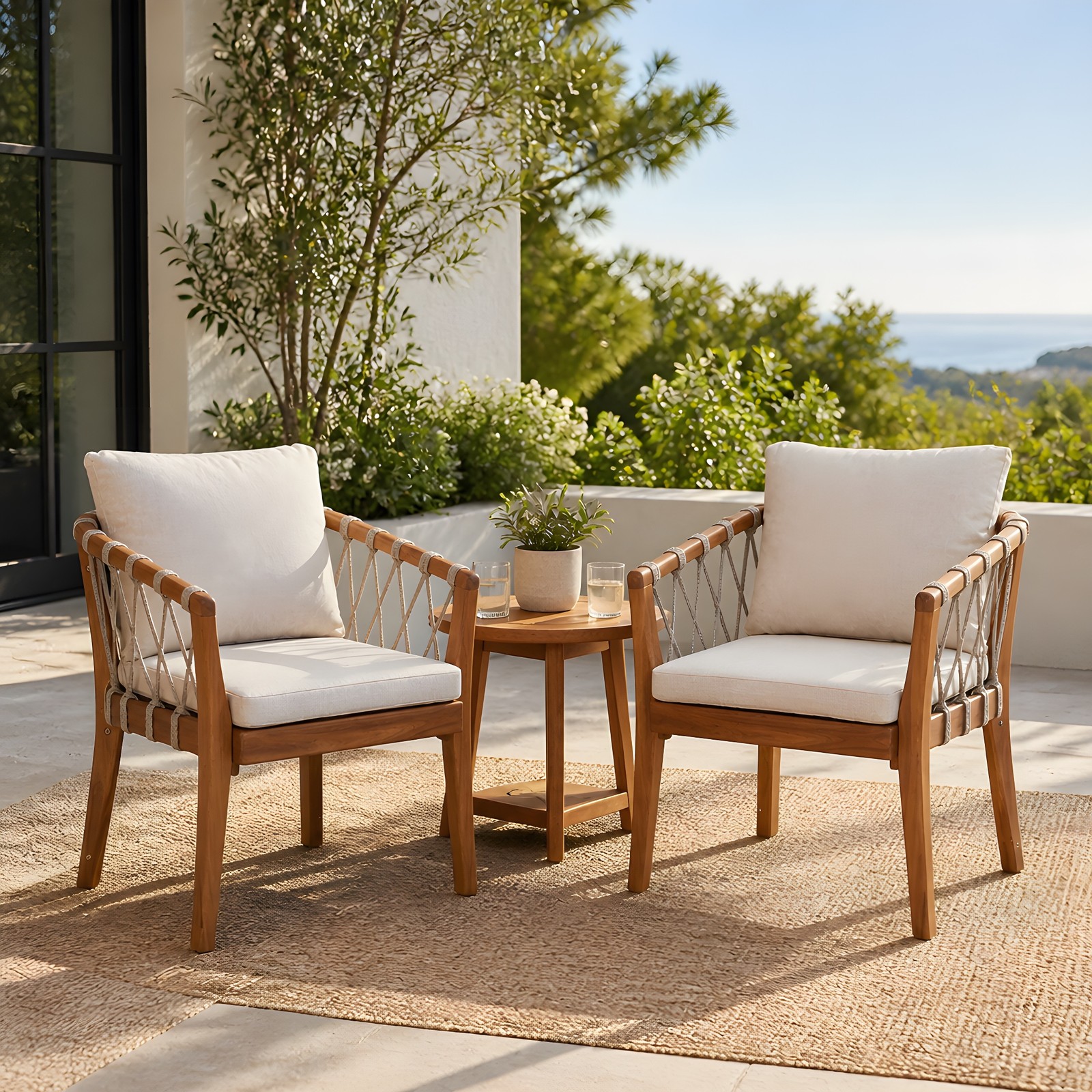 Acacia Wood Outdoor Dining Chairs Set of 2 with Beige Cushions