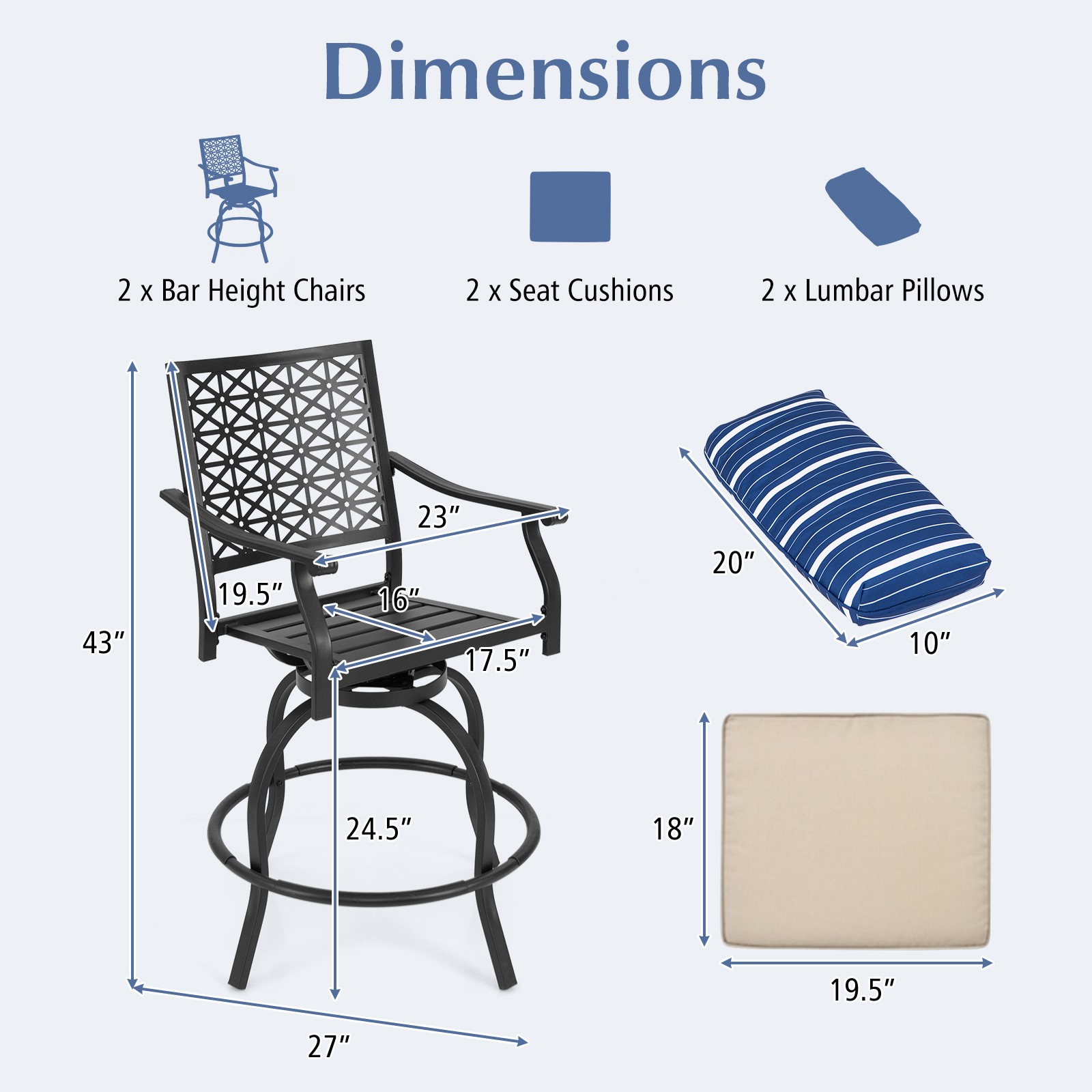 Patiojoy Set of 2 Patio Swivel Bar Stool Chairs Cushioned Pillow Armrest Rocking