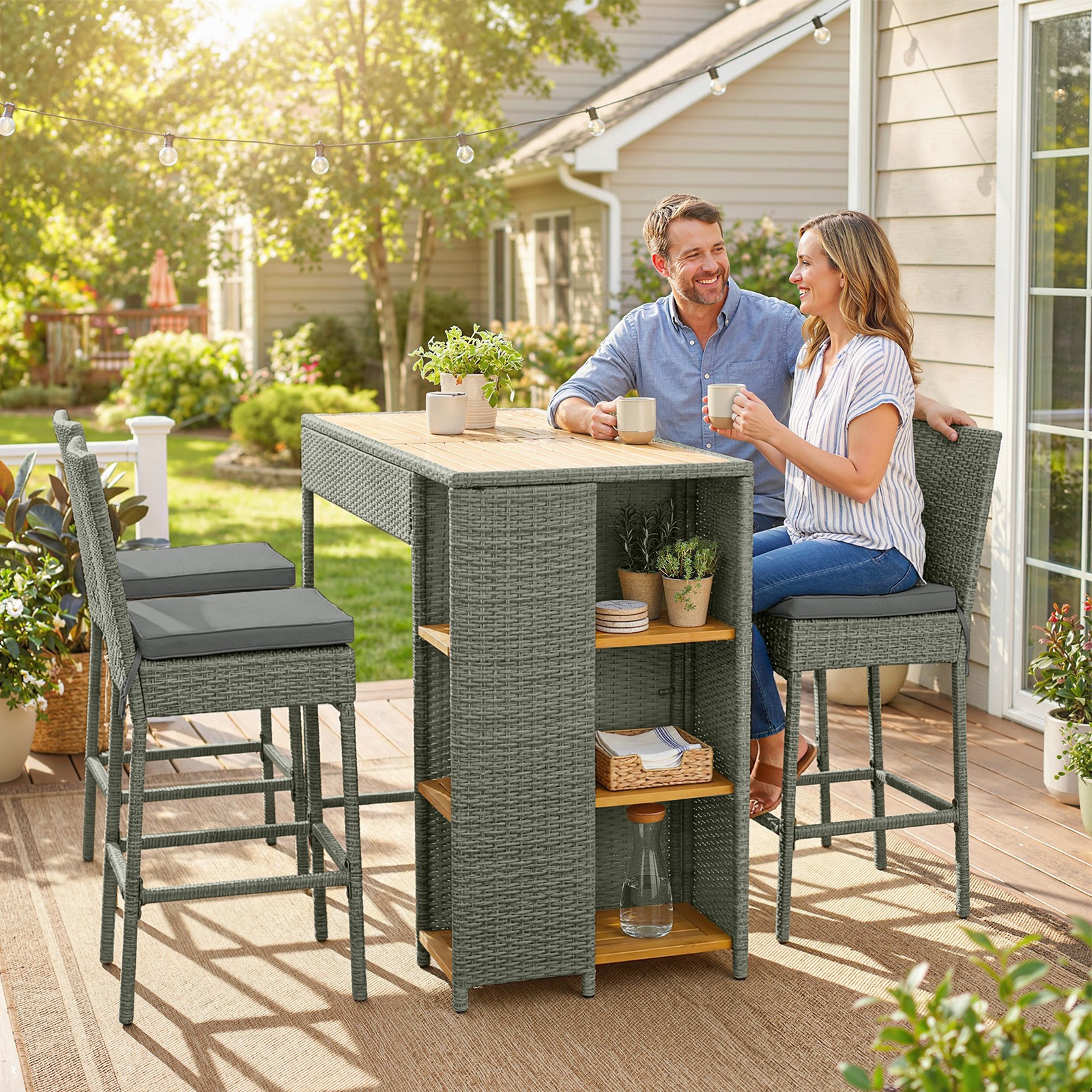 Outdoor Bar Set, 3 Tier Bar Height Patio Table and Chairs, Gray