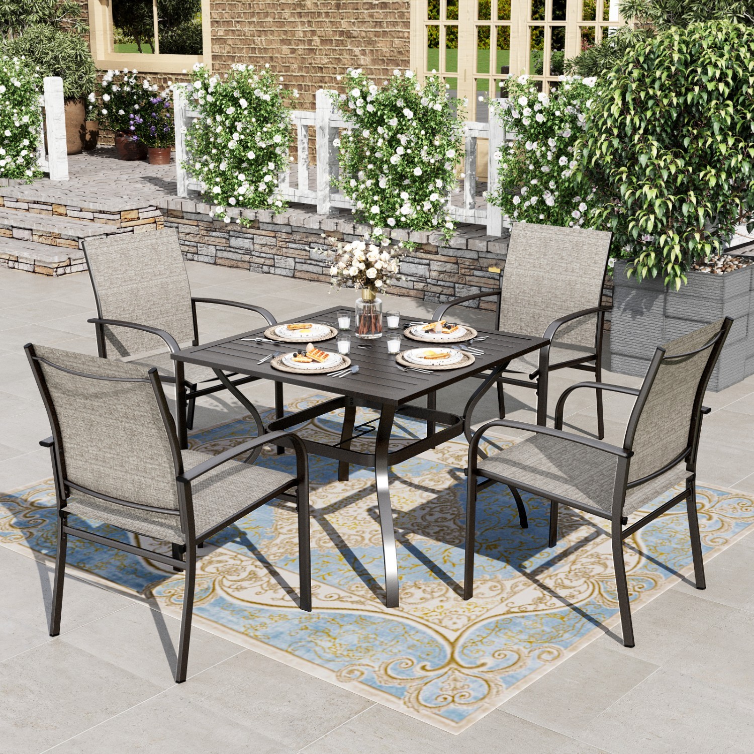 5PCS Outdoor Patio Dining Set Square Table with Umbrella Hole for Yard Lawn Deck