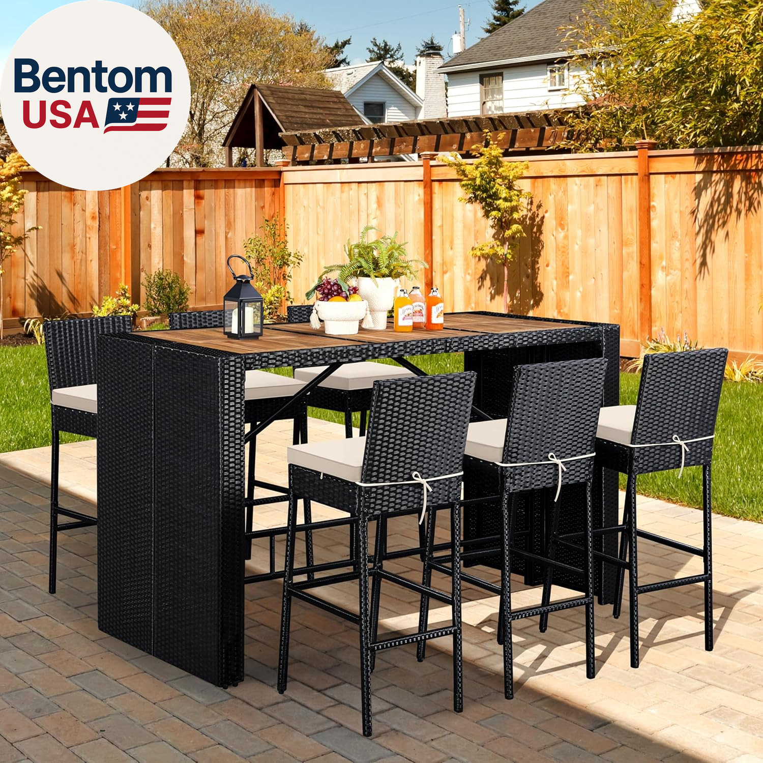 Yaheetech 7 Piece Patio Dining Set Outdoor Acacia Wood Bar Table and Chairs with