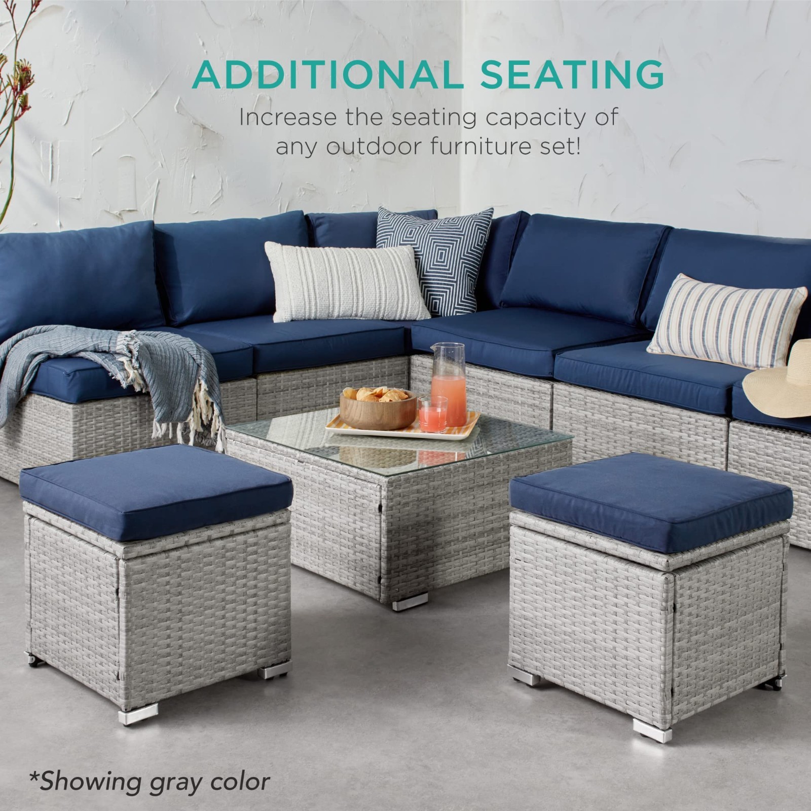 Set of 2 Wicker Ottomans – Multipurpose Outdoor Furniture, Patio Seating, Footre