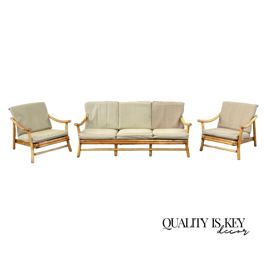Vintage Ficks Reed Bamboo Rattan Tiki Sofa Set with Lounge Chairs – 3 Pc Set
