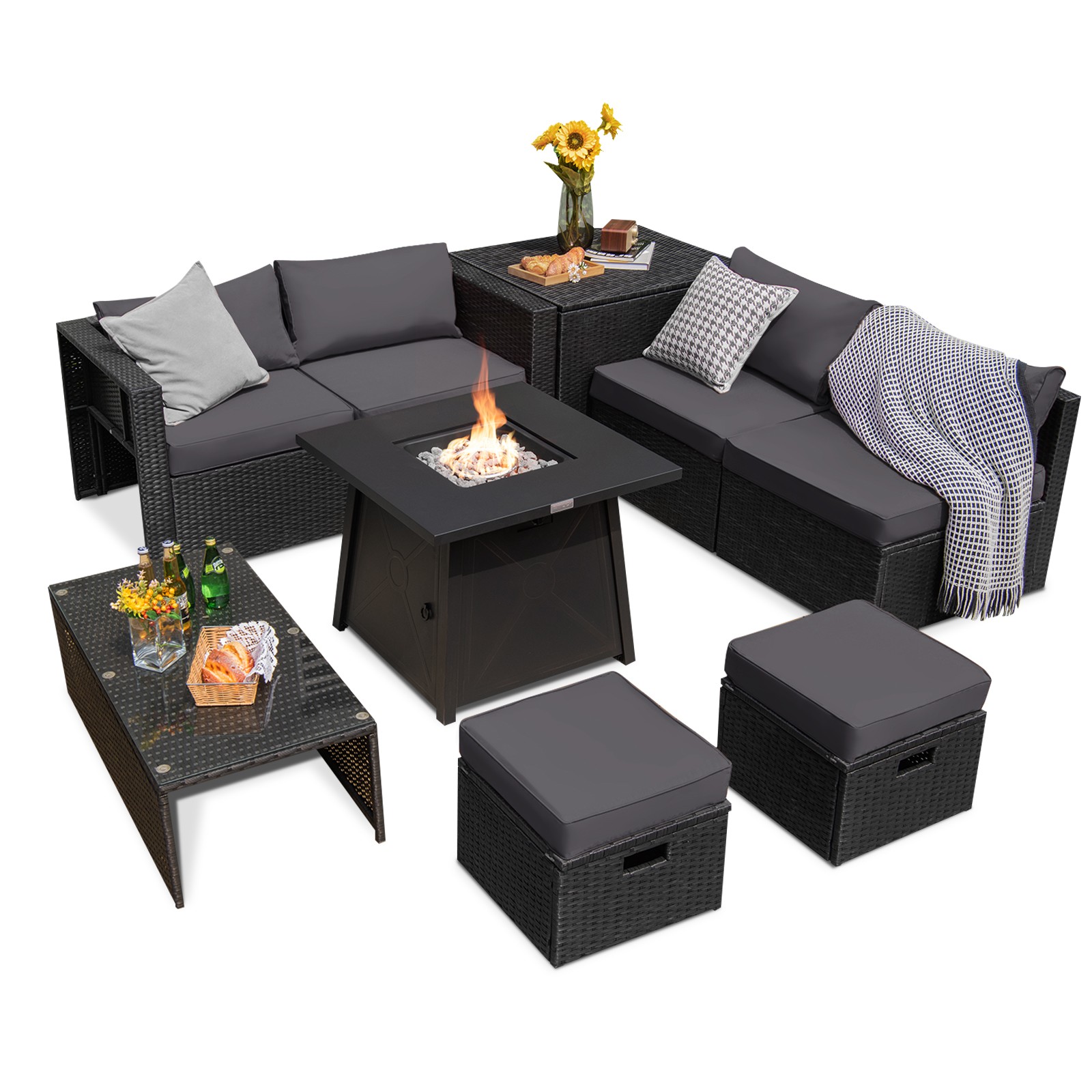 9-Piece Patio Sofa Set w/ Space-Saving Fire Pit Table & Cushions Grey