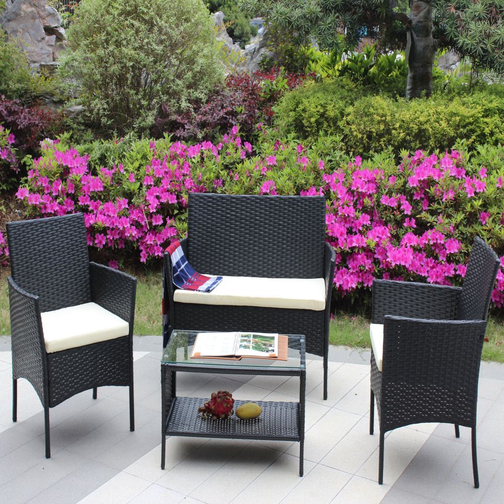 4 Pieces Patio Garden Outdoor Furniture Rattan Loveseat Armchairs and Table Set