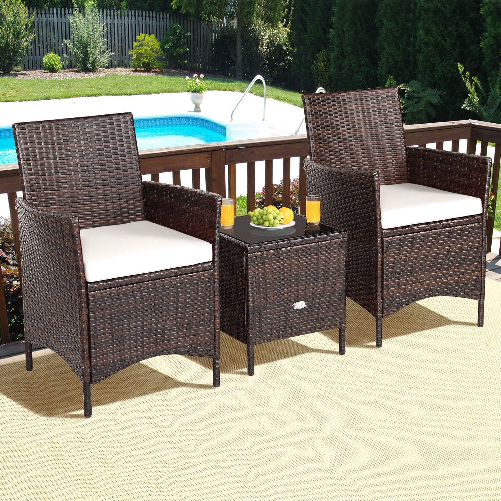 3 Pieces Rattan Patio Bistro Set, PE Wicker Furniture Set Outdoor Conversatio…