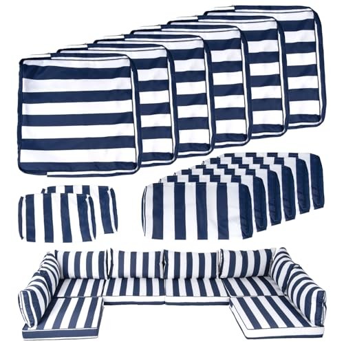 14 Piece Outdoor Patio 25.6″L x 25.6″W x 4″H (covers) Blue & White Stripes
