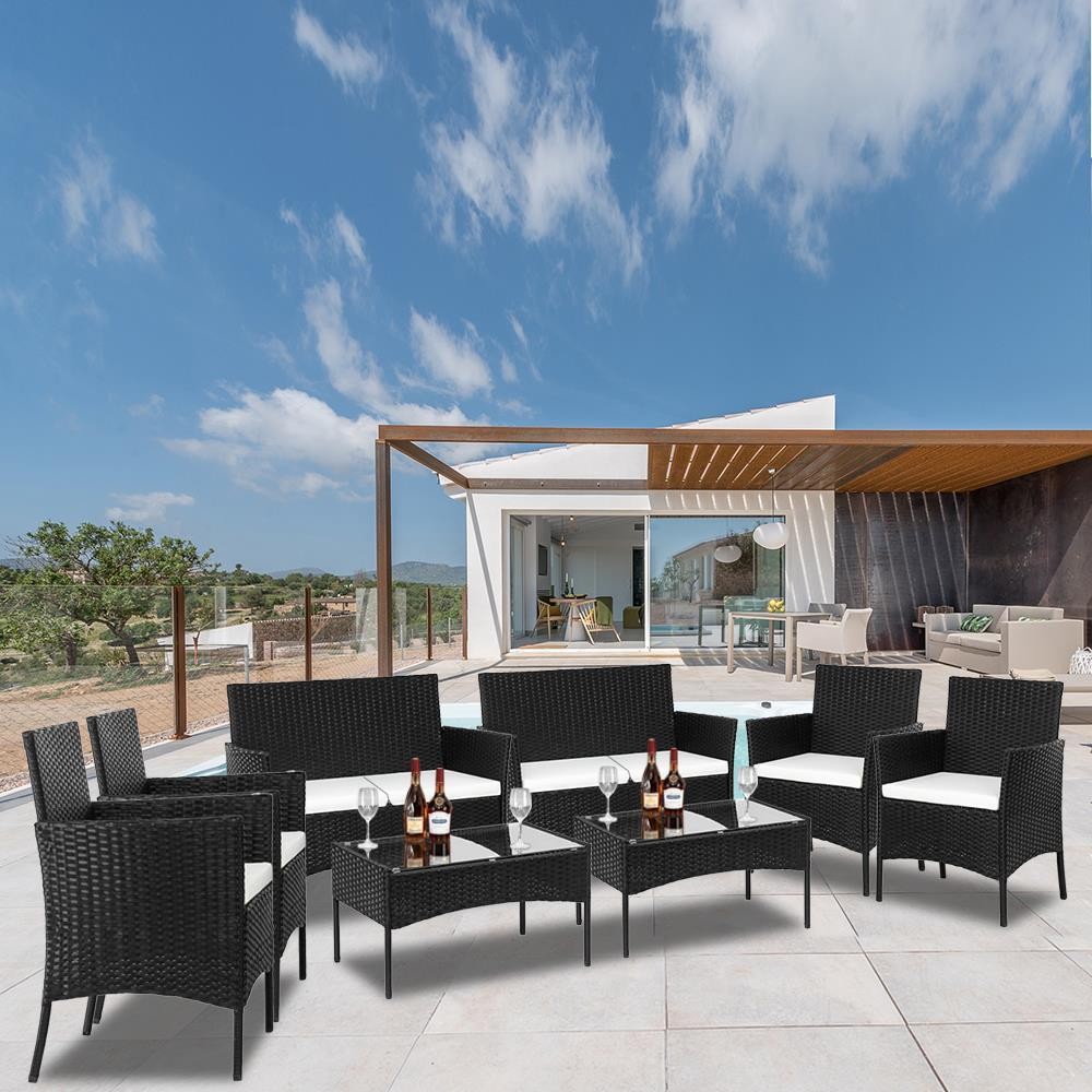 8 PCS Patio Wicker Conversation Furniture Set Rattan Sofa with 2 Coffee Table