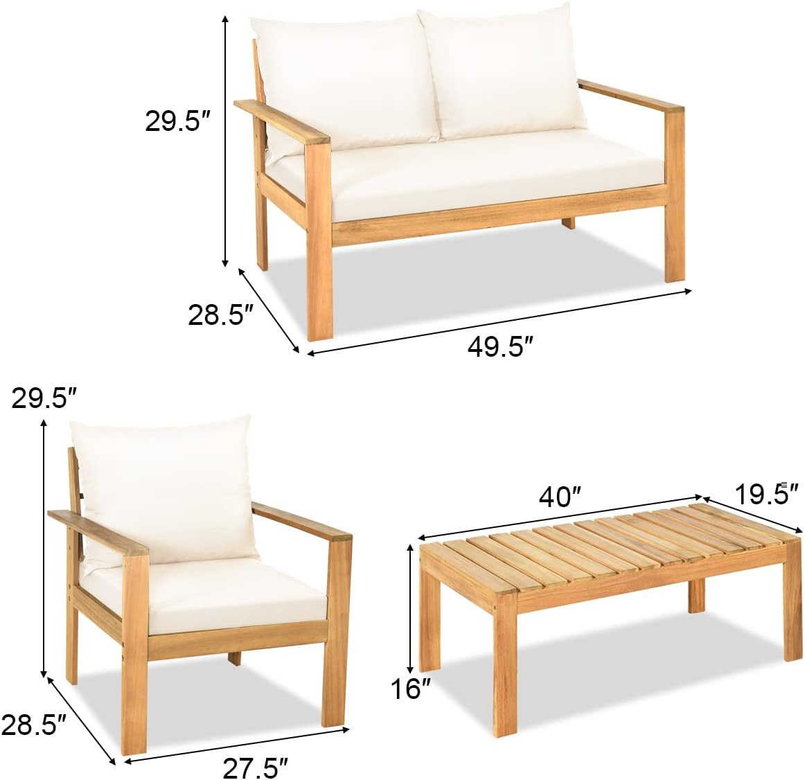Acacia Wood 4-Piece Outdoor Chat Set with Water Resistant Cushions – White