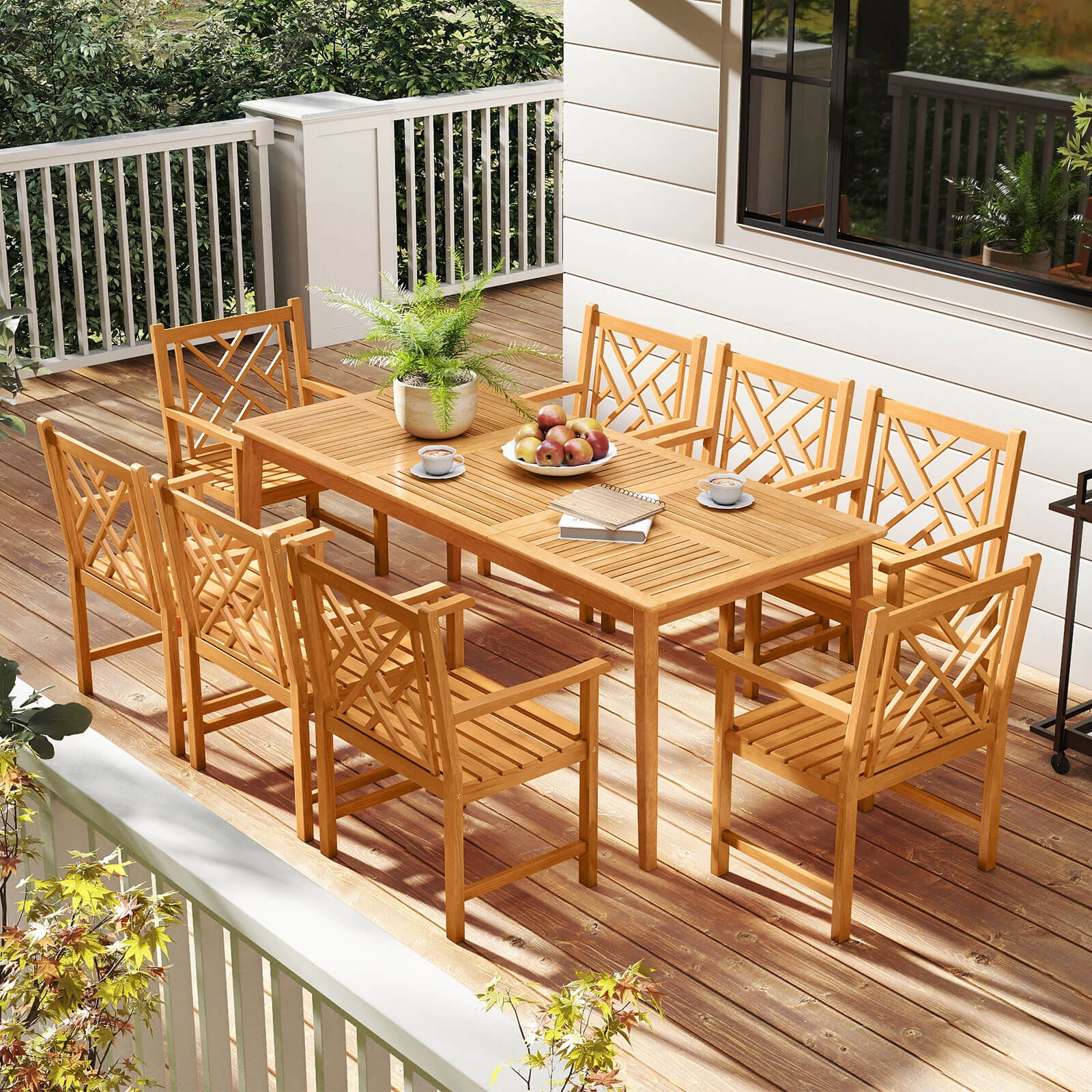 9PCS Patio Dining Table Set w/8 Chairs Slatted Tabletop 1.96″ Umbrella Hole