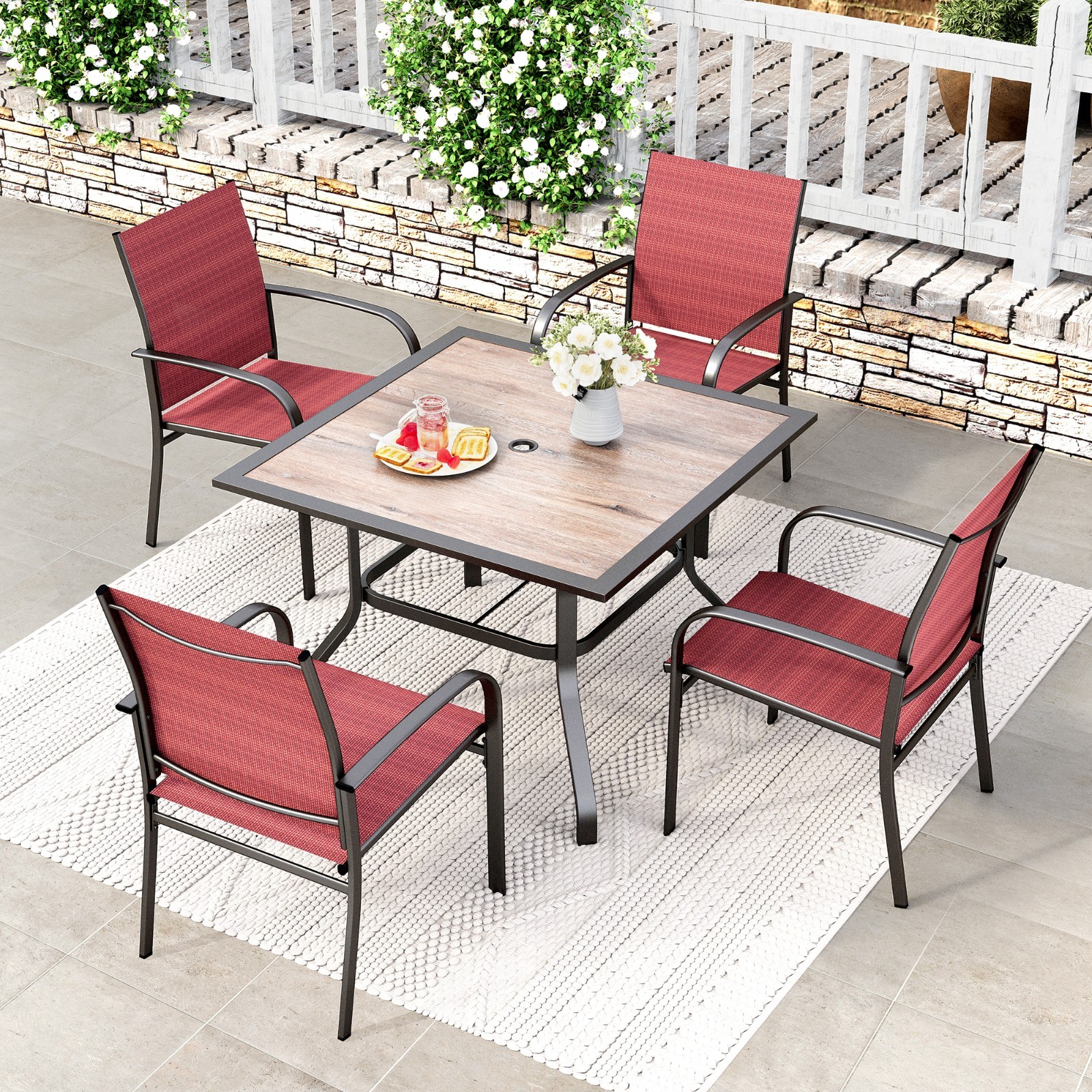 5 Piece Outdoor Dining Set Patio Table Chairs Set with 1.57″ Umbrella Hole