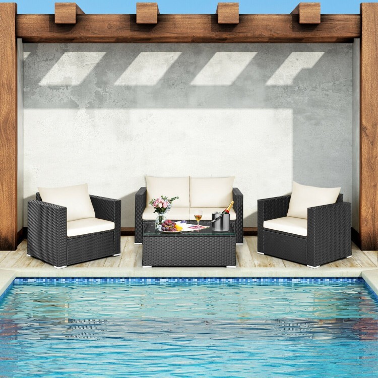 4-Pieces Patio Rattan Wicker Furniture Set Outdoor Sectional Sofa White Cushions