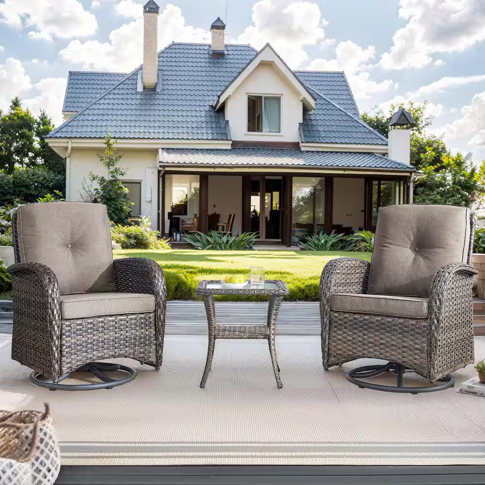 Sleekarm Brown 3-Piece Wicker Outdoor Rocking Chair Patio Conversation Set with