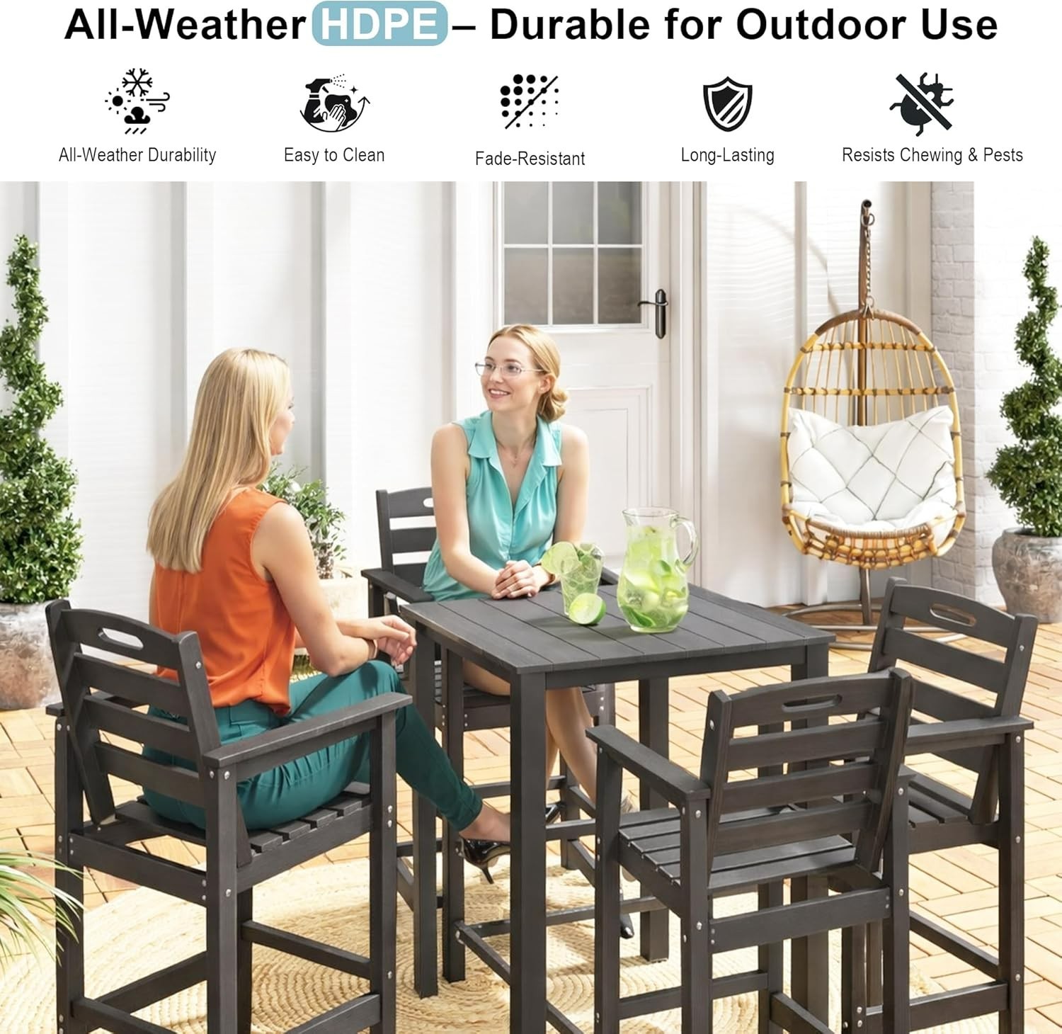 Domi 5Pcs HDPE Adirondack Patio Bar Set(1Table+4Chair)for Balcony,Backyard,Grey