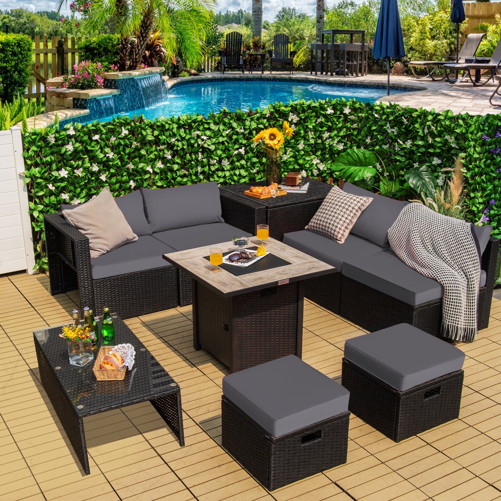 Patiojoy 9 PCS Outdoor Rattan Furniture Set with 30″ Fire Pit Table & Cover