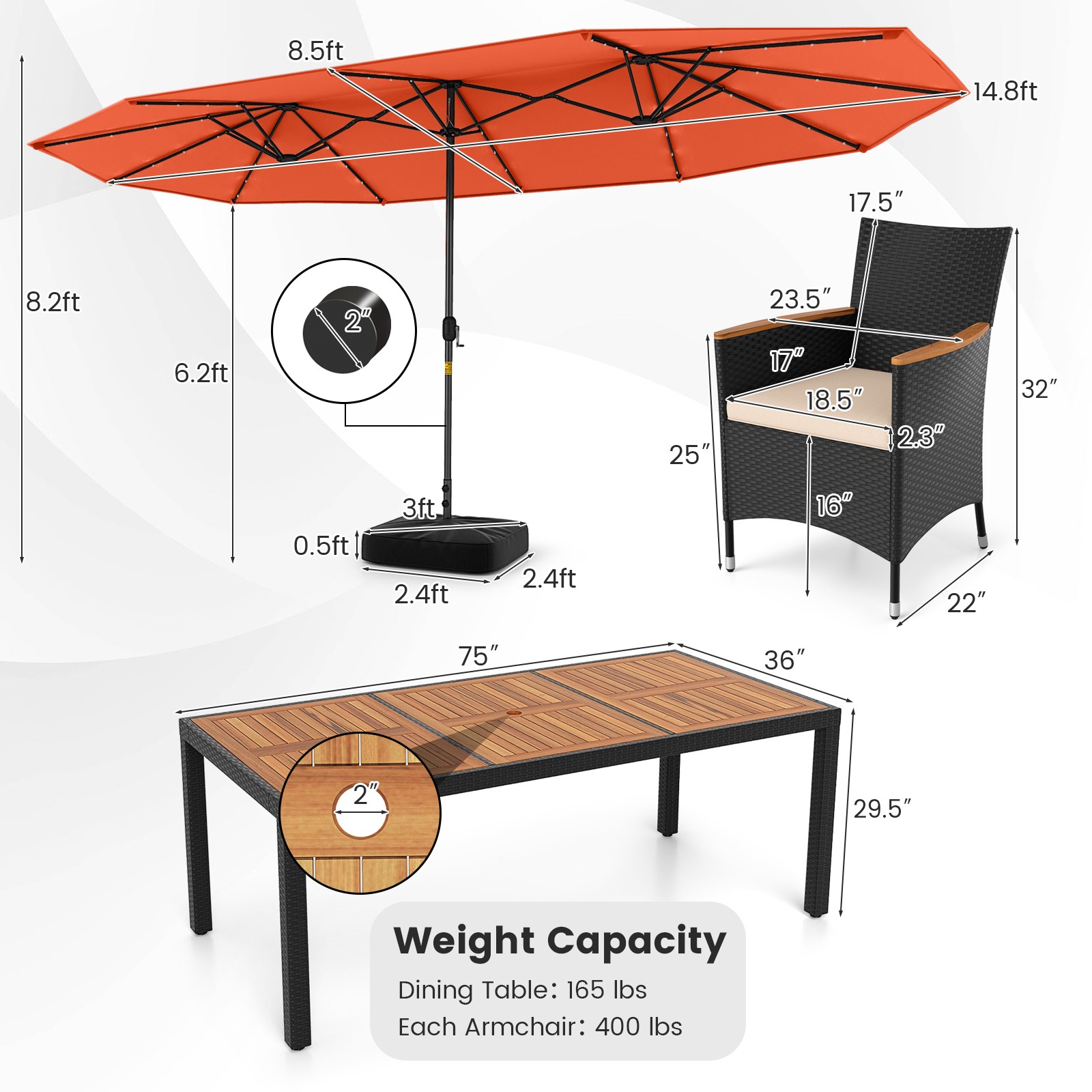 11 PCS Patio Dining Set w/ 15ft Double-Sided Patio Umbrella (Base Included)