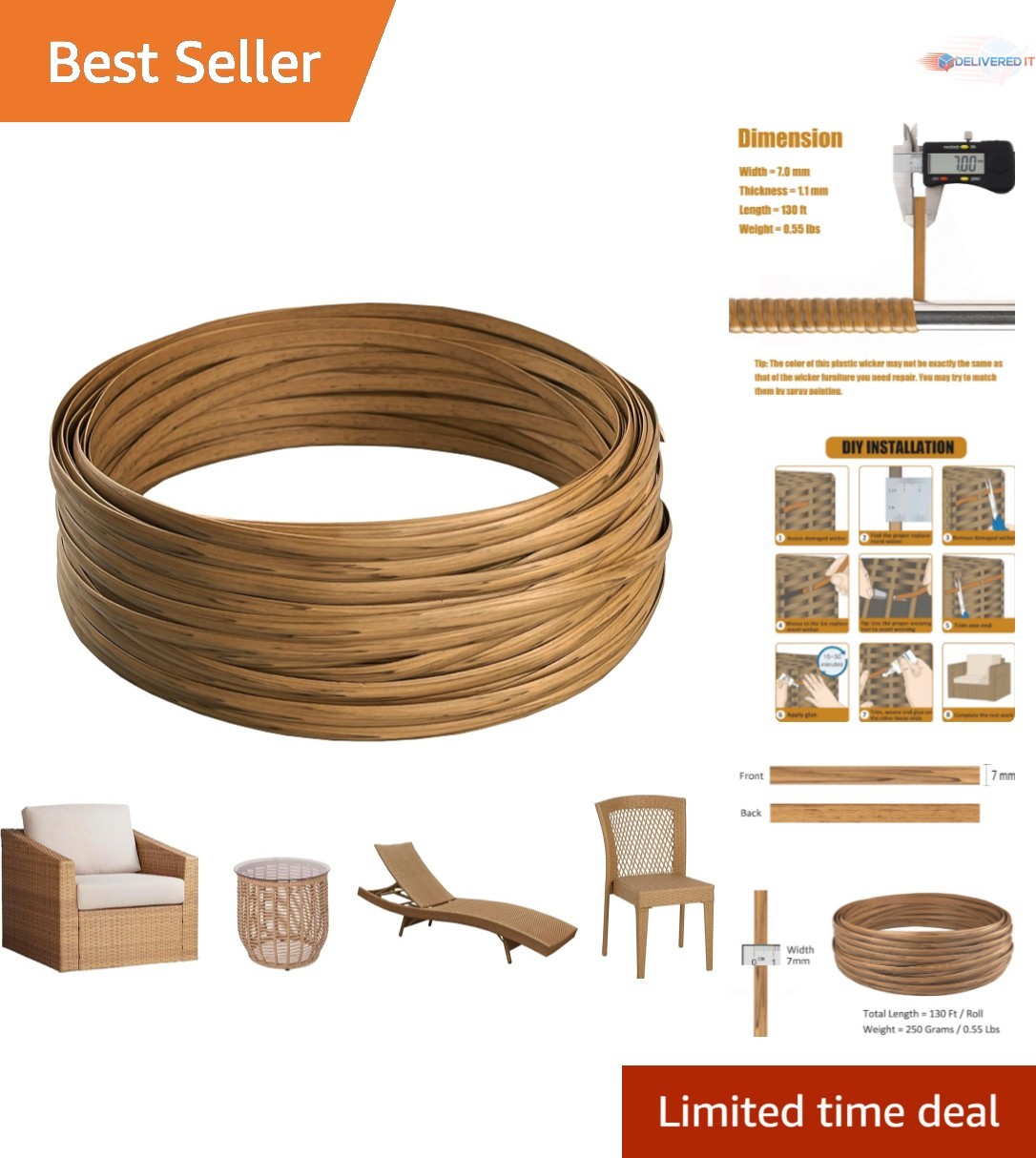 130 Ft Plastic Wicker Repair Kit for Patio Furniture Light Wood Grain