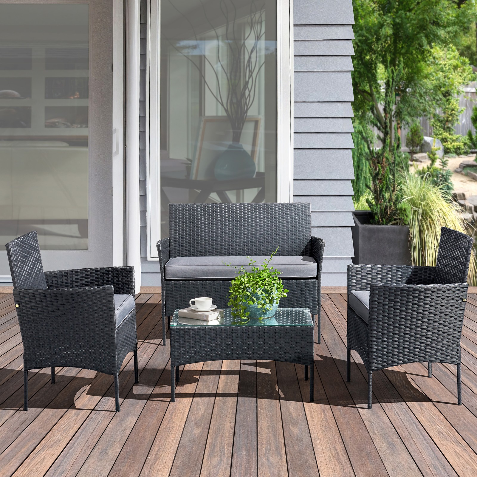 4PC Patio Furniture Sets Outdoor Rattan Cushion Sofa Chairs Table Combo, Gray
