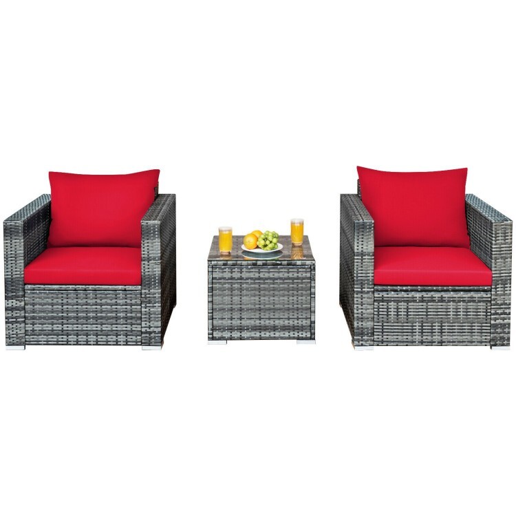 3 Piece Cushioned Sofa Chair Table Patio Outdoor Rattan Furniture Bistro Set Red