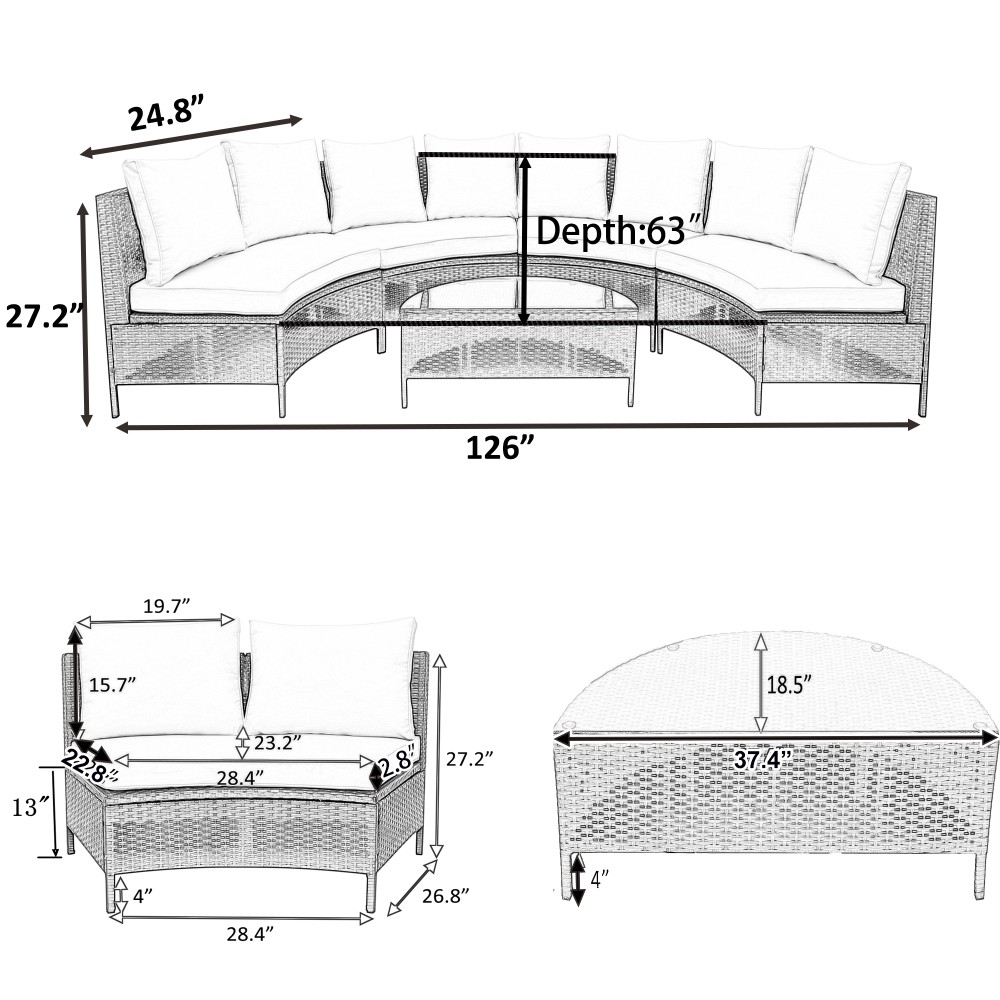 5-Piece All-Weather PE Rattan Patio Sectional Sofa Set w/ Table & Cushions, Grey