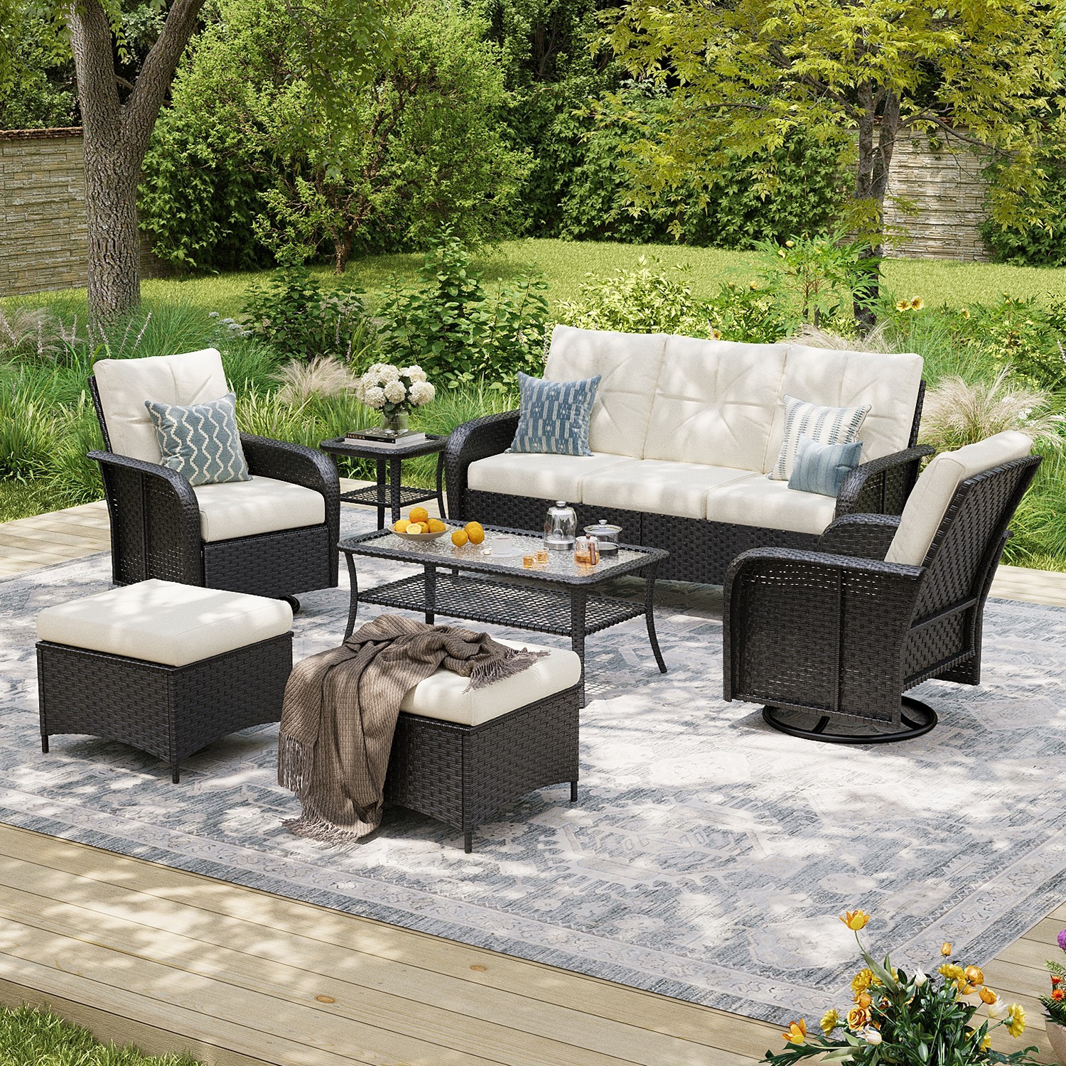 7-Piece Black Rattan Armrest Sofa Set with Beige Cushion