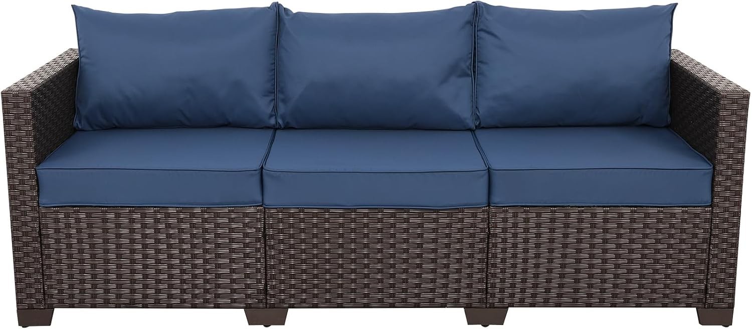 3-Seat Patio Wicker Sofa Outdoor Rattan Couch Furniture Steel Frame W/ Furniture