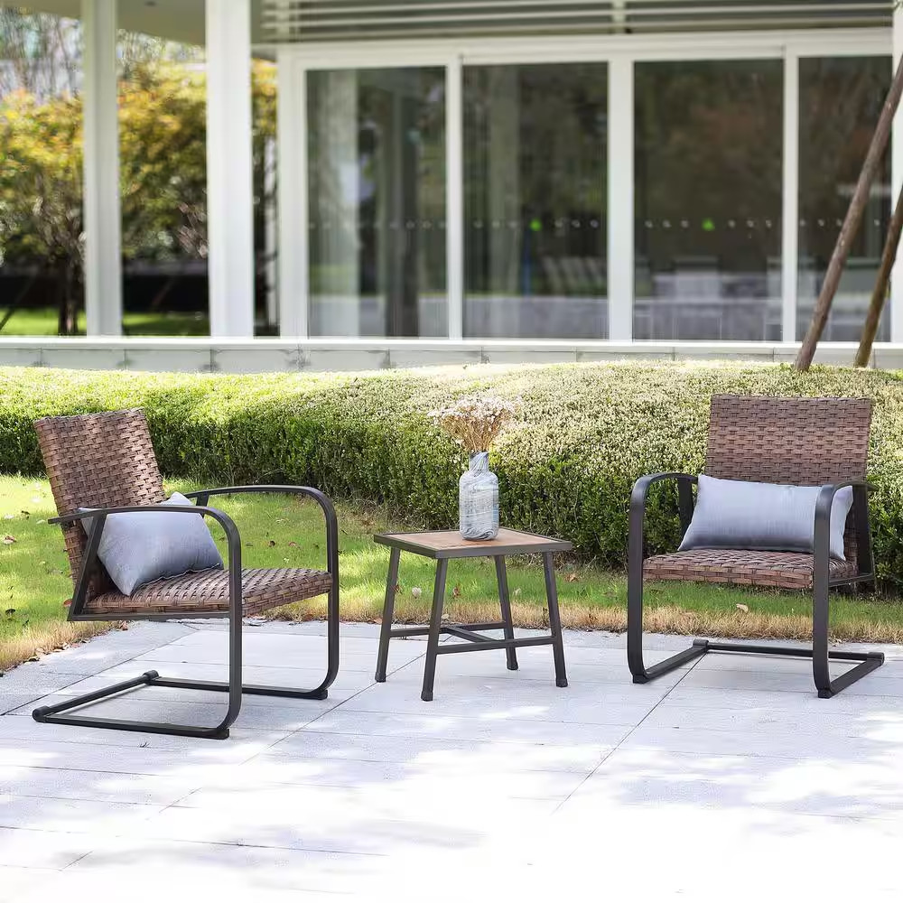 Retro 3 -Piece Wicker Outdoor Bistro Set Seating Group with Grey Cushion