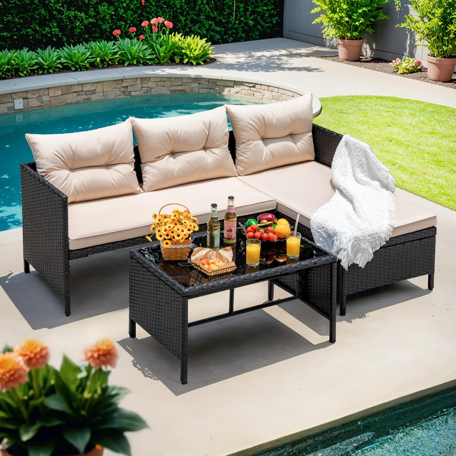 3 Piece Outdoor Patio Furniture Set Rattan Sectional Sofa Glass Table Beige Set