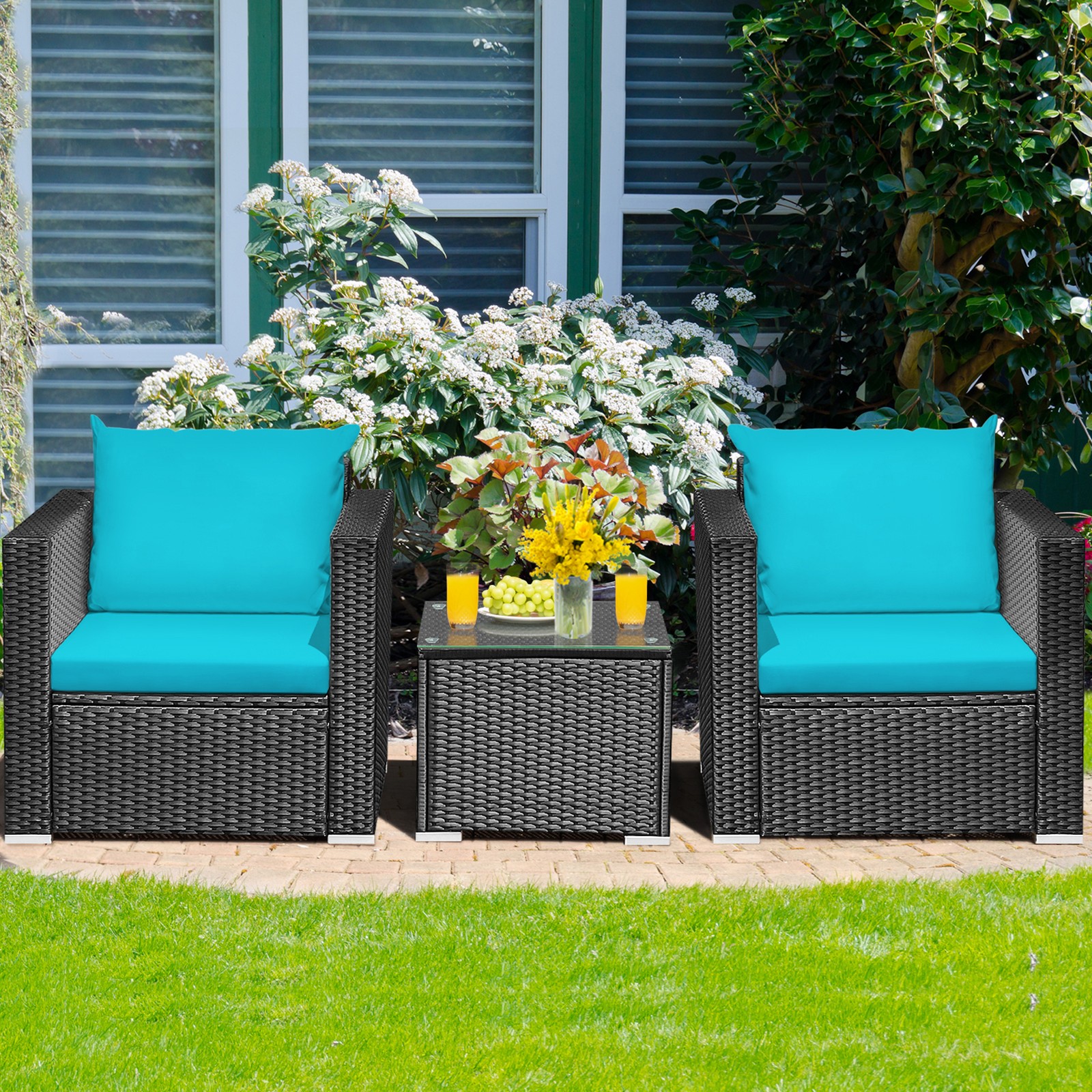 3PCS Rattan Patio Conversation Furniture Set Outdoor w/ Turquoise Cushions