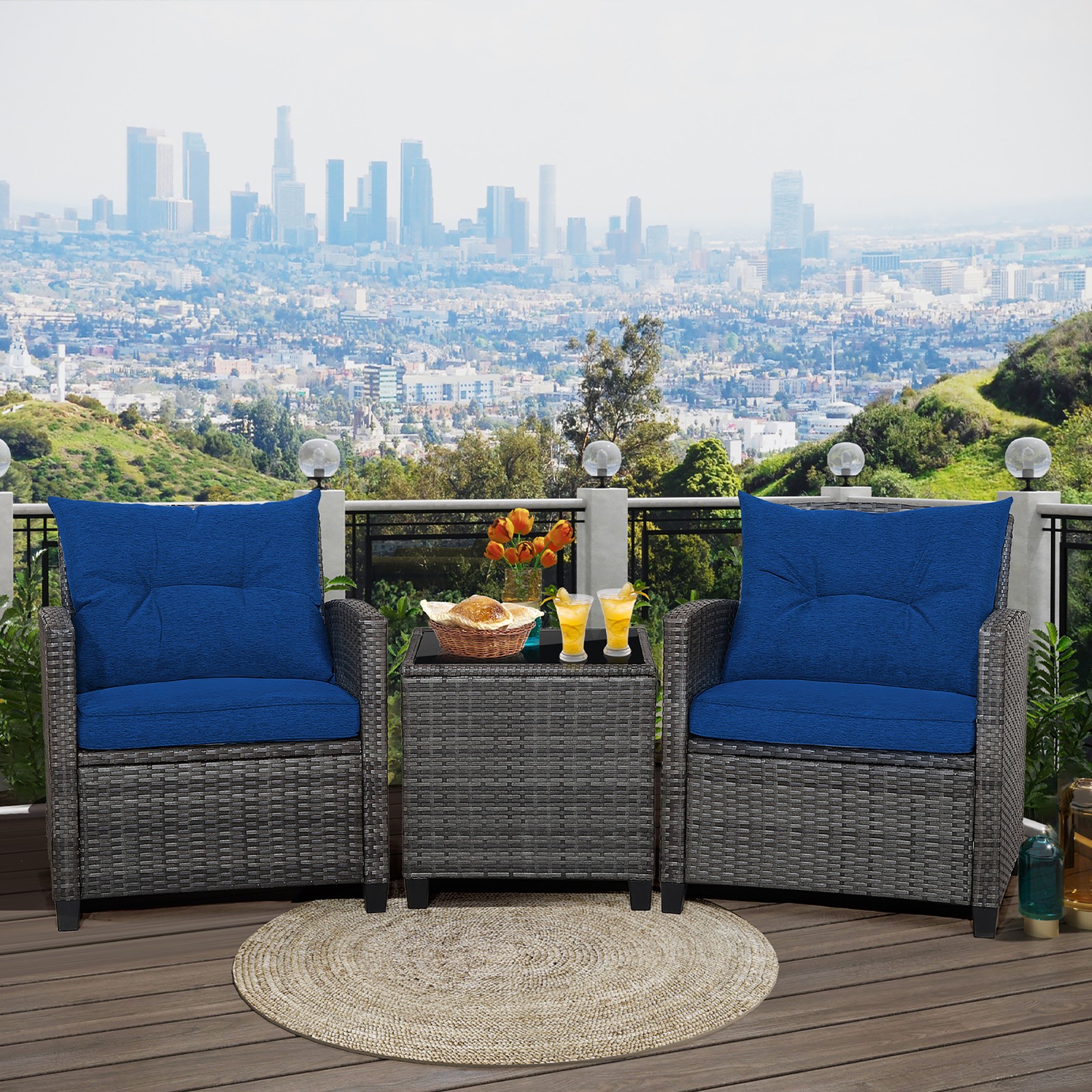 3PCS Patio Rattan Sofa Set Wicker Conversation Set Glass Tabletop w/Navy Cushion