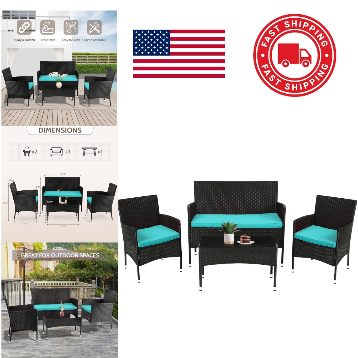 Rattan Wicker Patio Conversation Set 4 Pieces with Blue Cushions for Outdoor Use