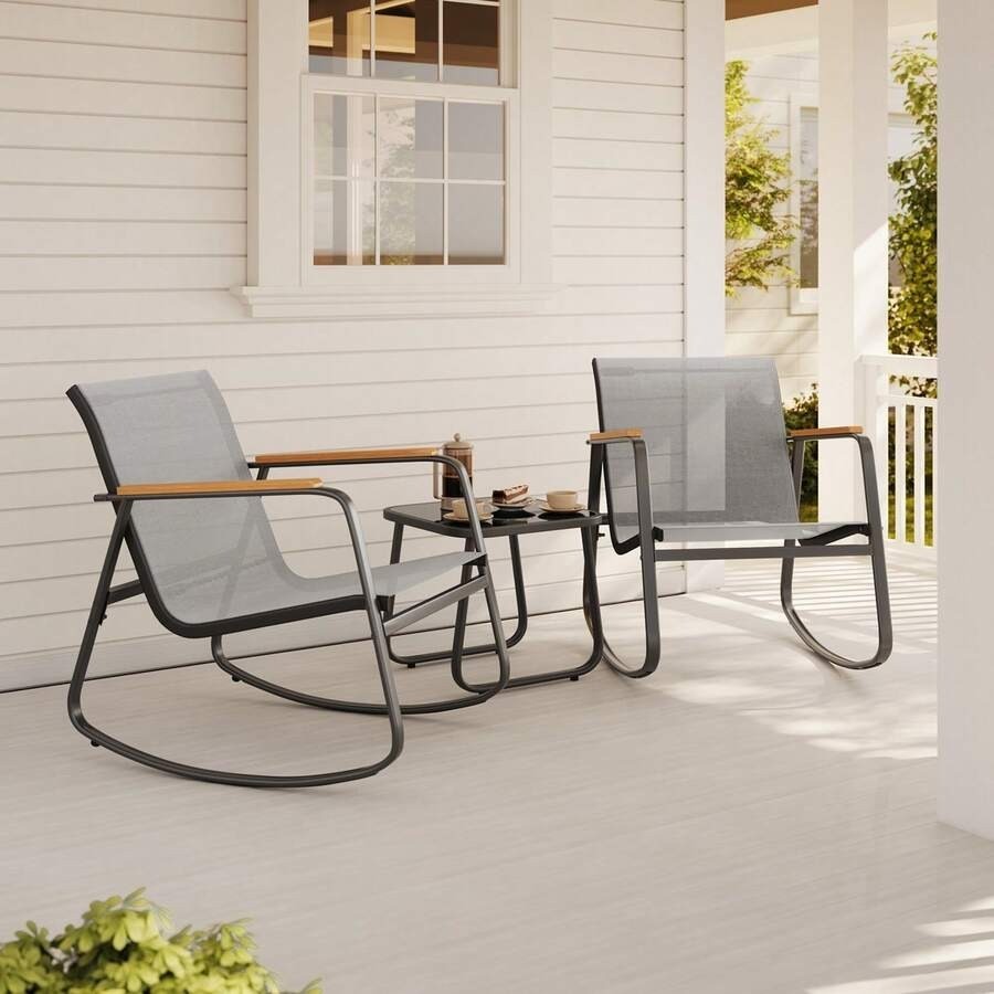 3 Piece Outdoor Rattan Rocking Chair Bistro Set Grey Patio Furniture For Balcony
