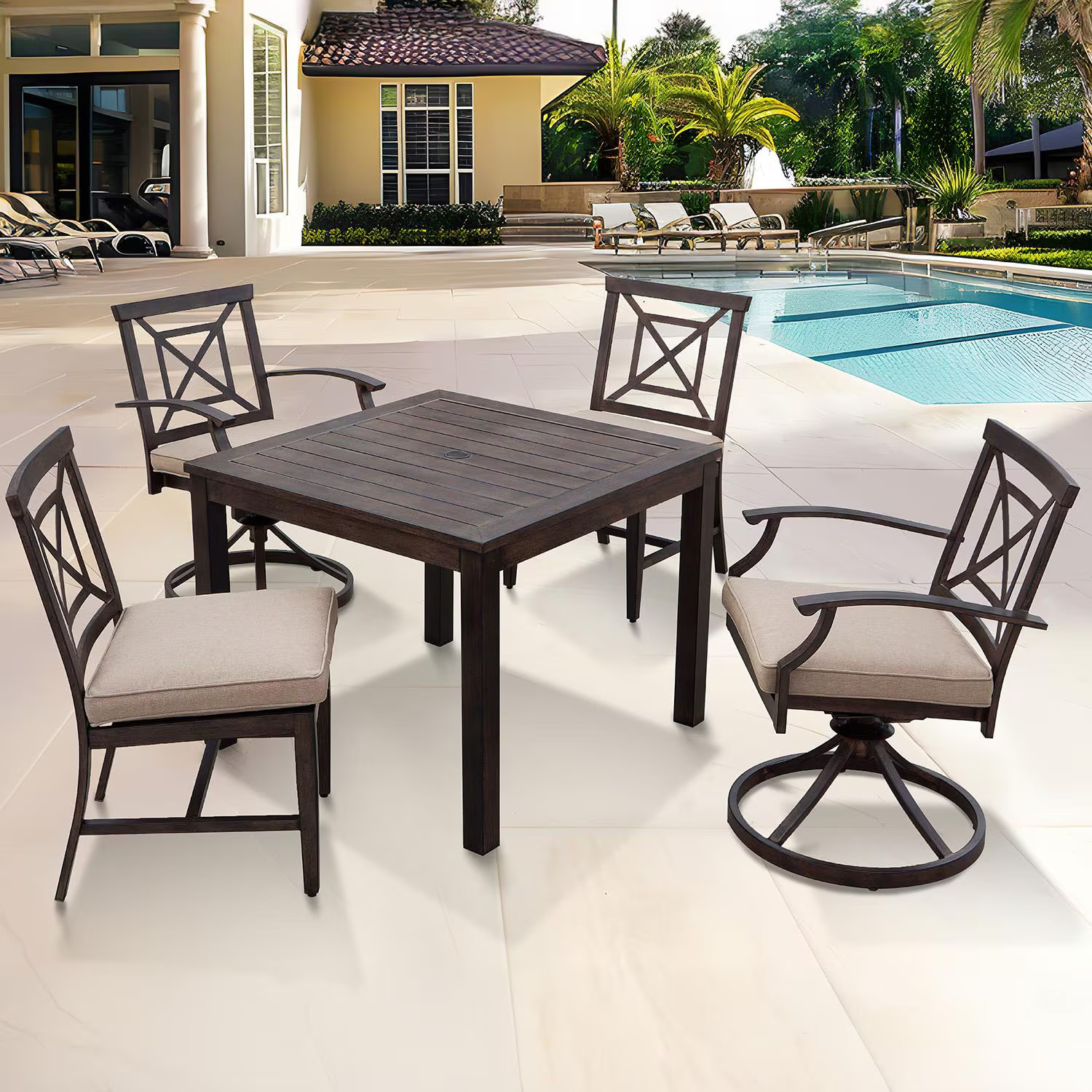 Atlantis 5 Pc Aluminum Dining Set 37 Inch Table & 2 Swivel Rockers in
