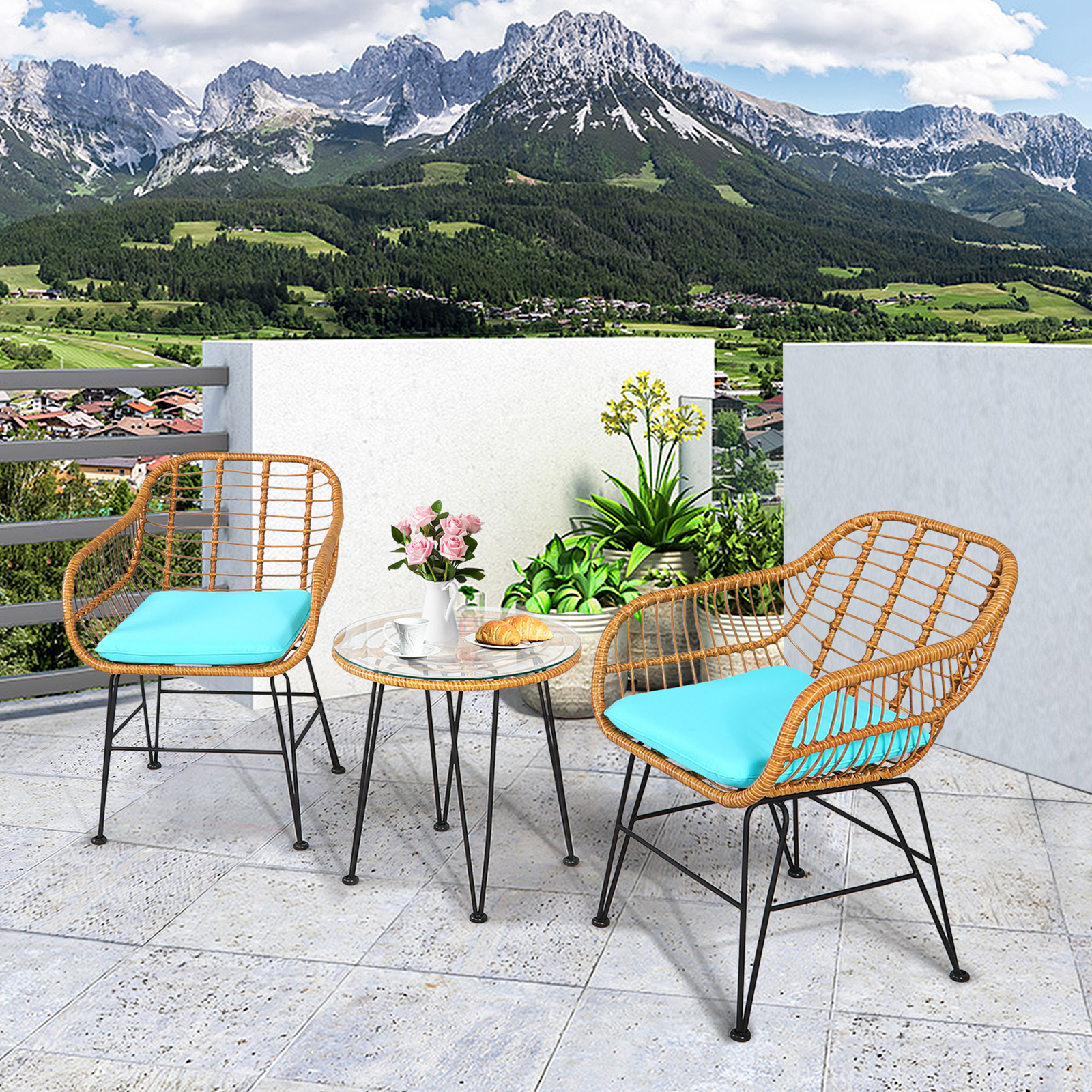 3PCS Rattan Patio Bistro Set Conversation Furniture Set w/ Turquoise Cushions