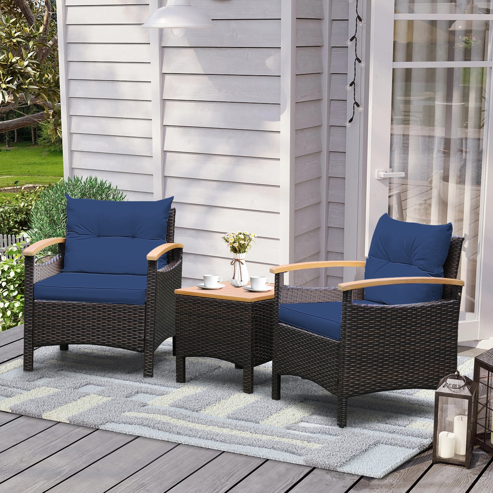 3 PCS Patio Rattan Furniture Set Wooden Armrest Table Top Cushioned Deck